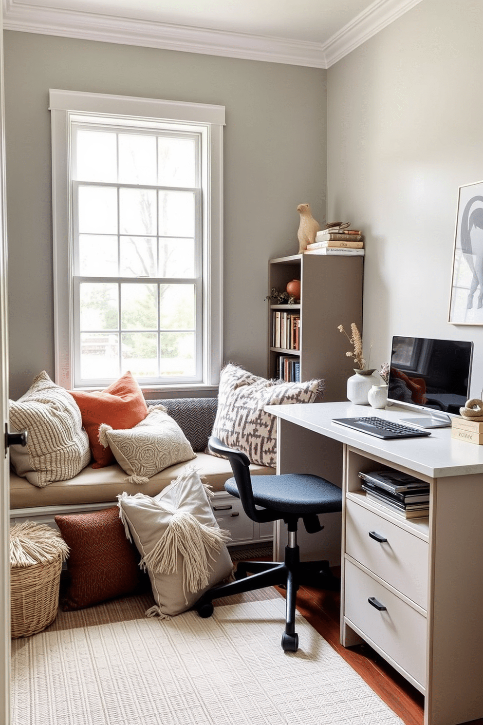 A cozy reading nook adorned with plush cushions in various textures and colors. A large window allows natural light to flood the space, while a small bookshelf filled with novels and decorative items sits nearby. A functional study room designed on a budget, featuring a simple desk and ergonomic chair. The walls are painted in a calming color, and practical storage solutions are incorporated to maximize space and efficiency.