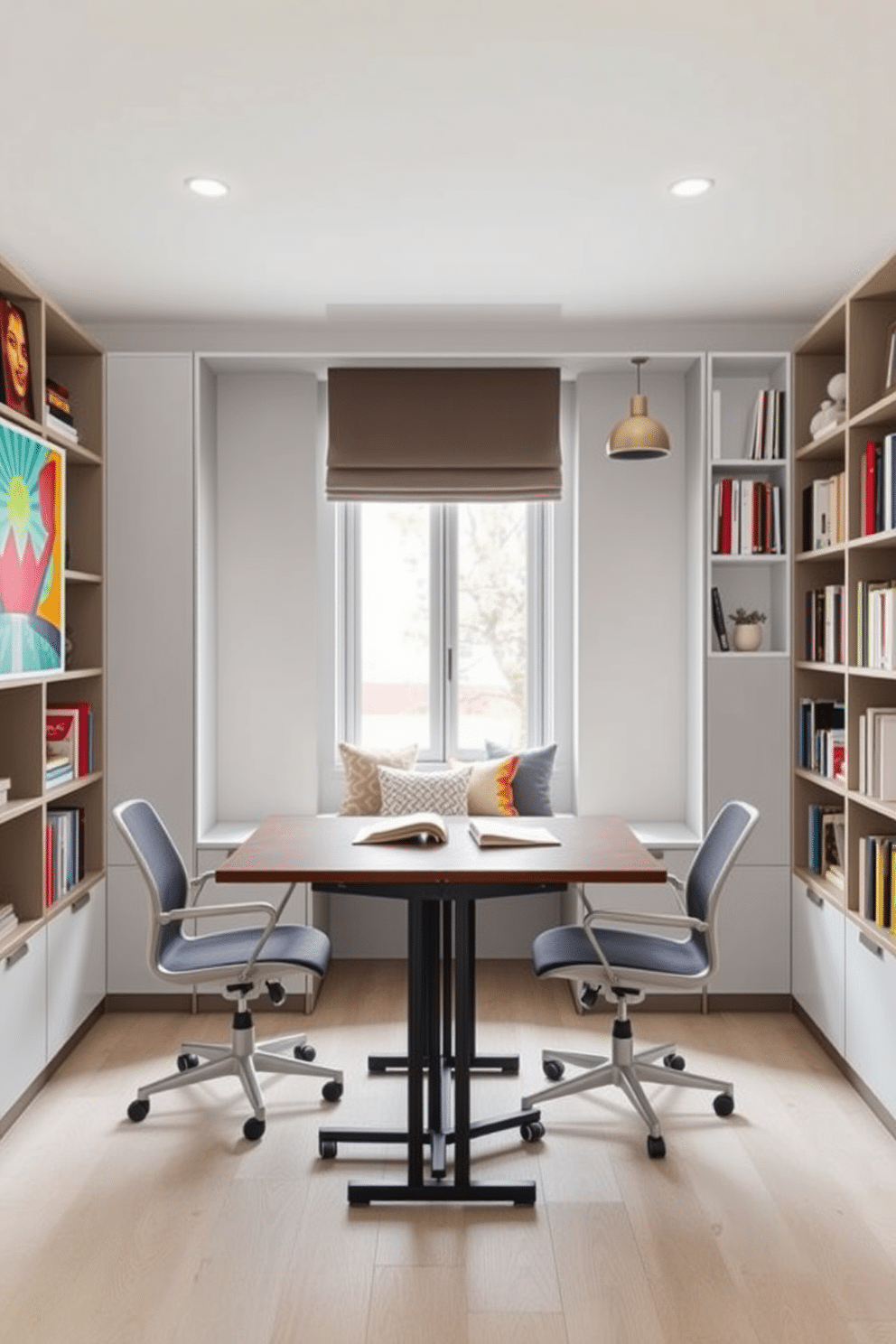 A modern study room featuring a foldable table that can easily be tucked away when not in use. The room is designed with a neutral color palette, accented by vibrant artwork on the walls and a cozy reading nook by the window. The foldable table is paired with ergonomic chairs, providing a comfortable workspace for studying or working from home. Shelving units filled with books and decorative items line the walls, creating an inviting and functional atmosphere.