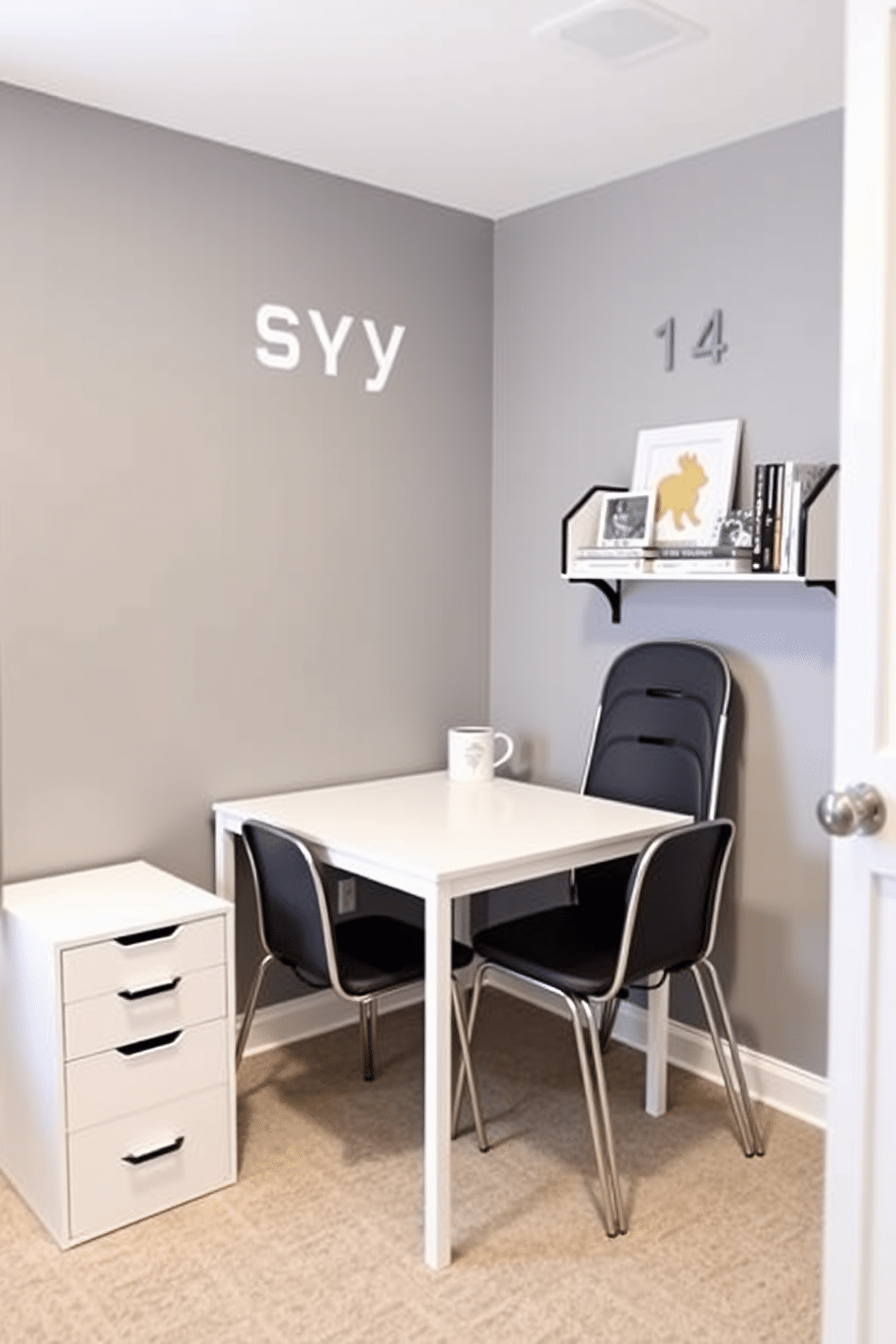 A budget-friendly study room design featuring stackable chairs that can be easily stored when not in use. The room includes a sleek, compact desk with a minimalist design, paired with a wall-mounted shelf for books and decor.