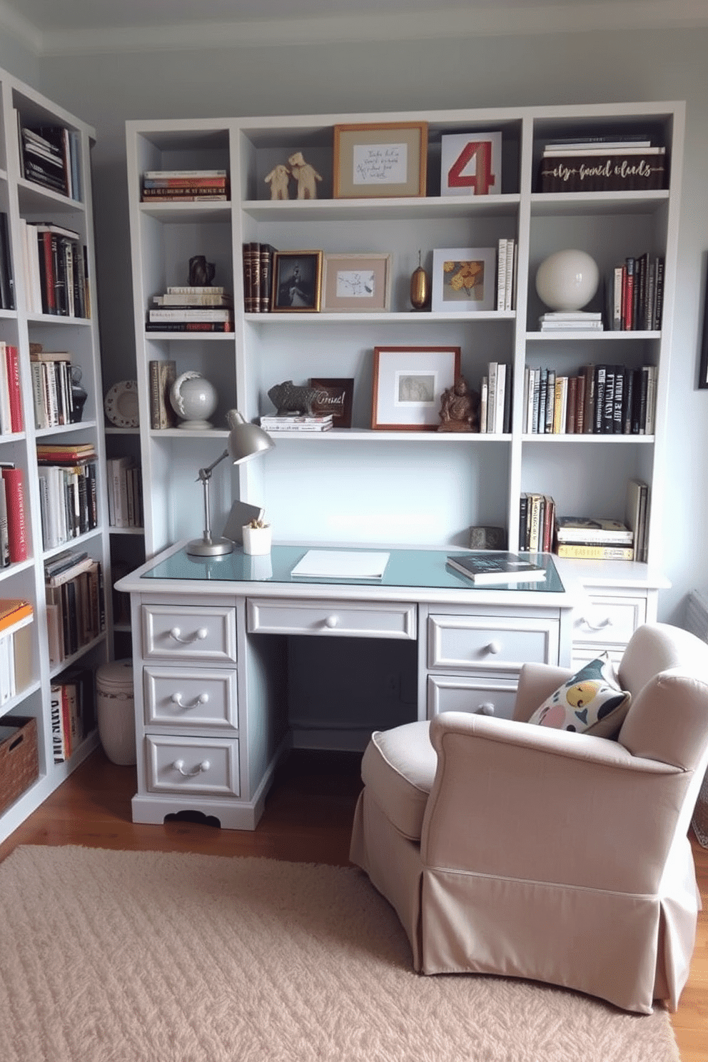 A stylish study room featuring a repurposed old dresser transformed into a functional desk. The dresser is painted in a soft pastel color, with a sleek glass top added for a modern touch. Surrounding the desk are shelves filled with books and decorative items, creating an inspiring atmosphere. A cozy armchair in a complementary hue sits beside the desk, inviting relaxation and focus.