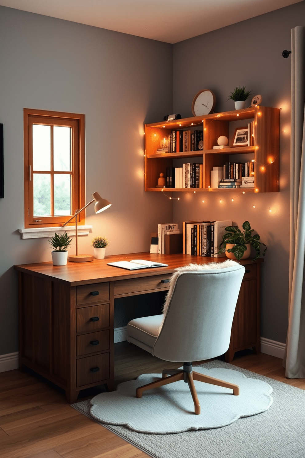 A cozy study room featuring a large wooden desk positioned against a wall, adorned with a stylish desk lamp and a few potted plants for a touch of greenery. The walls are painted in a soft gray hue, and a comfortable chair with a plush cushion complements the workspace, while fairy lights are draped along the shelves to create a warm ambiance. Incorporate a bookshelf filled with neatly arranged books and decorative items, adding personality to the space. A small rug under the desk enhances comfort, and a window allows natural light to flood the room, making it an inviting place to study.