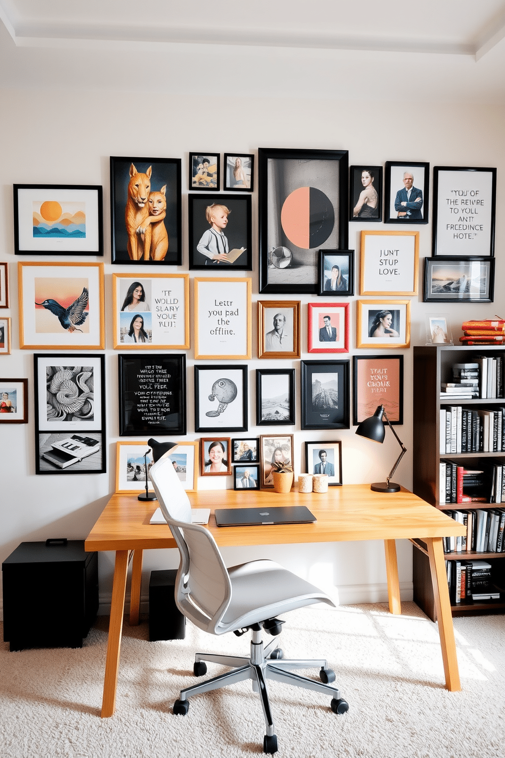 A gallery wall filled with eclectic art pieces and framed photographs in various sizes creates a vibrant focal point in the study room. The wall features a mix of abstract prints, personal photos, and motivational quotes, all arranged in a visually pleasing layout. The study room is designed with a sleek desk made of natural wood and a comfortable ergonomic chair. Soft, ambient lighting illuminates the space, while a bookshelf filled with neatly organized books and decorative items adds personality and warmth.