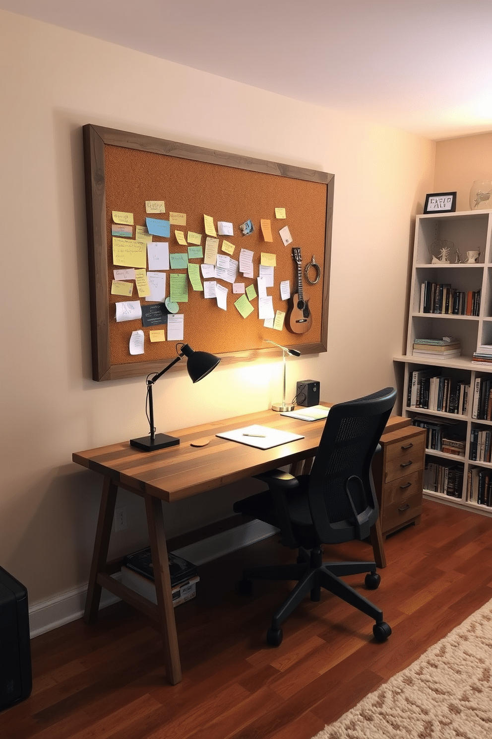 A cozy study room featuring a corkboard mounted on the wall, filled with colorful reminders and notes. The desk is made of reclaimed wood, paired with a comfortable ergonomic chair, and a warm desk lamp illuminates the workspace. The walls are painted in a soft beige, creating a calming atmosphere, while a plush area rug adds warmth to the hardwood floor. Shelves filled with books and personal mementos line the opposite wall, enhancing the room's functionality and charm.