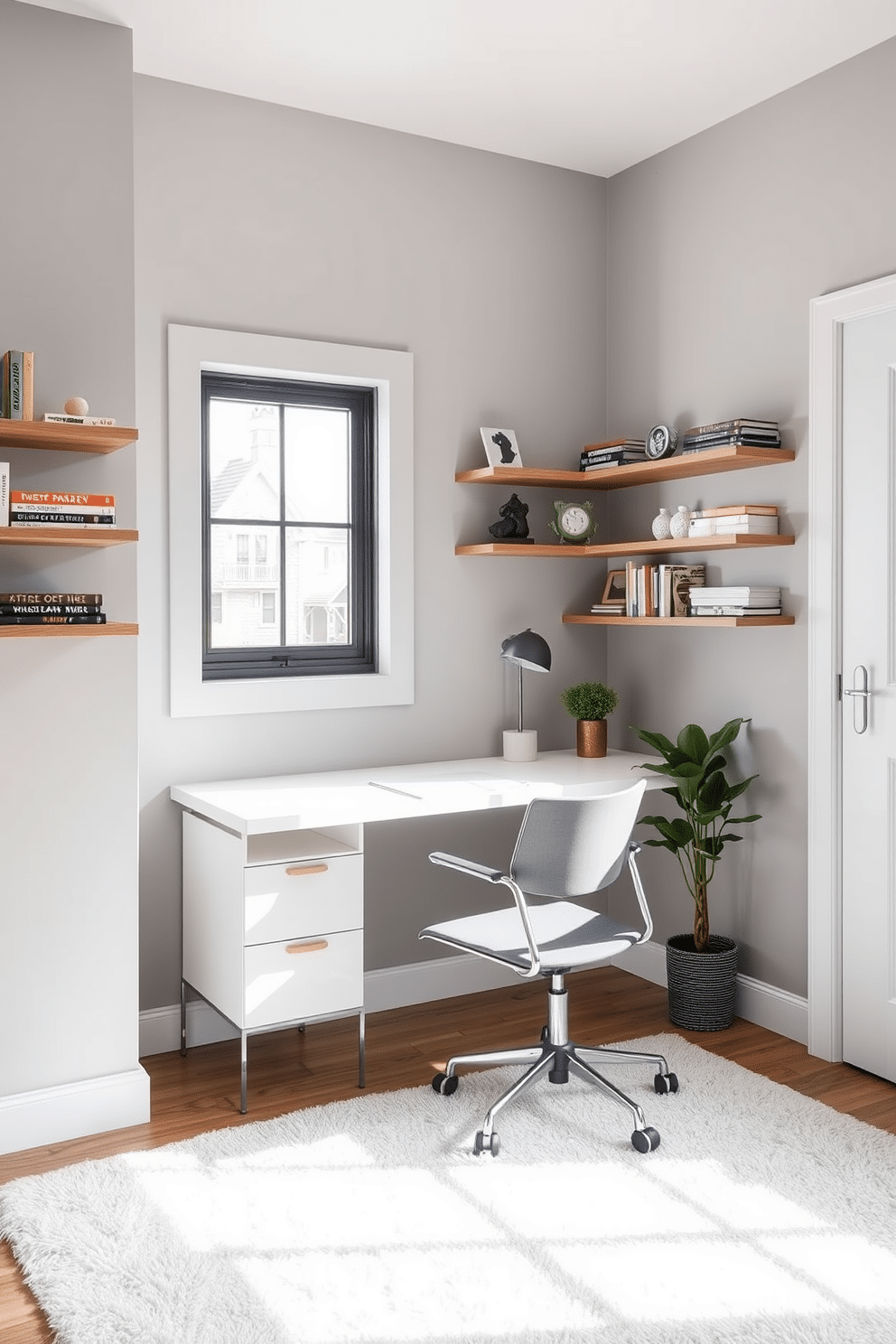 A cozy study room featuring floating shelves on the walls, providing ample storage for books and decorative items. The room is designed with a sleek desk positioned under a window, allowing natural light to illuminate the workspace. The walls are painted in a soft gray hue, creating a calming atmosphere, while the floor is adorned with a plush area rug for added comfort. A stylish chair complements the desk, and a small potted plant adds a touch of greenery to the space.