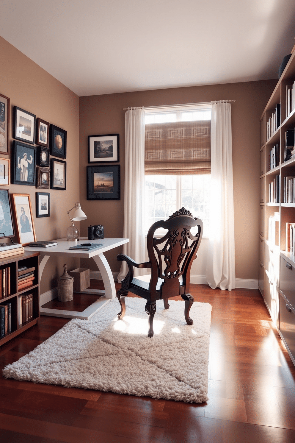 A cozy study room featuring a vintage wooden chair with intricate carvings, positioned at a sleek modern desk. The walls are painted in a soft taupe color, complemented by a gallery of framed artwork above the desk, adding character and inspiration to the space. Natural light floods the room through a large window adorned with sheer curtains, casting a warm glow on the hardwood floor. A plush area rug anchors the seating area, while bookshelves lined with books and decorative items provide both functionality and charm.