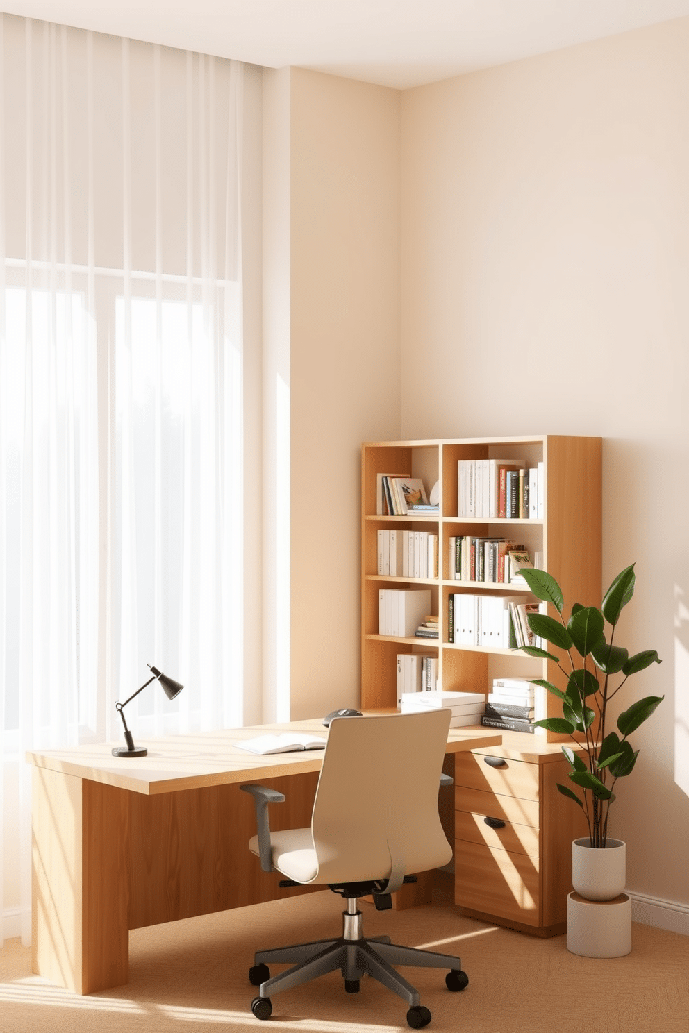 A serene study room designed for focus and productivity. The walls are painted in soft beige, complemented by a warm wooden desk and a comfortable ergonomic chair. Natural light floods the space through a large window adorned with sheer white curtains. A minimalist bookshelf filled with neatly arranged books stands against one wall, while a potted plant adds a touch of greenery to the corner.