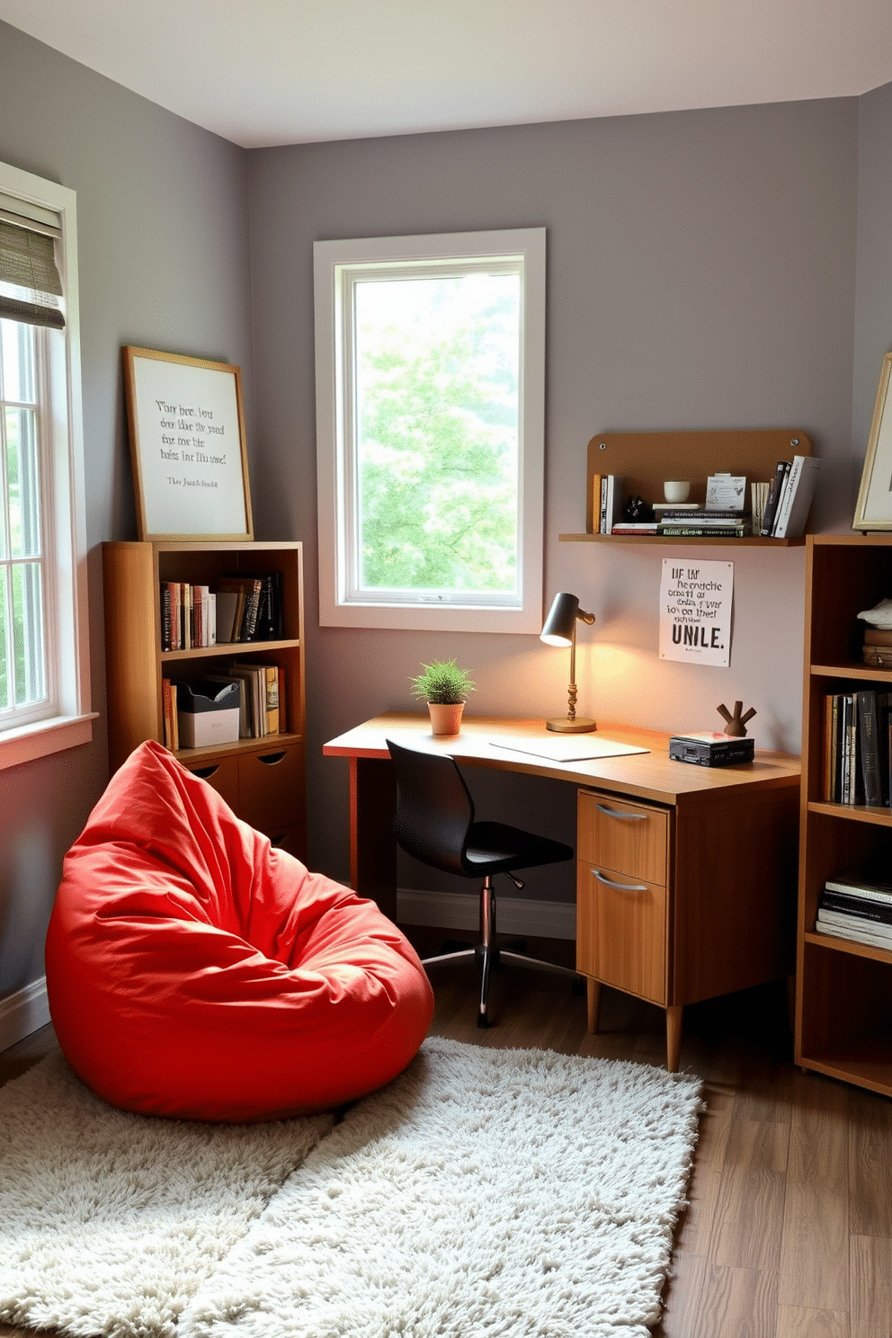 A cozy study room featuring a comfortable bean bag chair in a vibrant color, positioned in the corner near a large window that allows natural light to flood the space. The walls are painted in a soft gray hue, complemented by a sleek wooden desk with a modern lamp, and shelves filled with books and decorative items. The floor is adorned with a plush area rug that adds warmth, while a small potted plant sits on the desk, bringing a touch of nature indoors. A bulletin board with inspiring quotes and notes hangs above the desk, creating an inviting and motivating atmosphere for study and creativity.