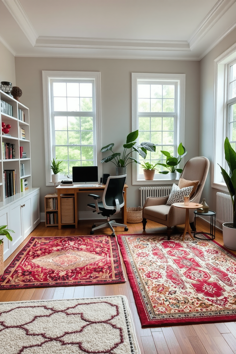 A cozy study room featuring distinct zones defined by stylish area rugs. One zone includes a sleek wooden desk with a comfortable ergonomic chair, surrounded by bookshelves filled with neatly arranged books and decorative items. The second zone showcases a reading nook with a plush armchair and a small side table, positioned on a soft area rug that adds warmth to the space. Large windows allow natural light to flood in, complemented by soft, neutral wall colors and accents of greenery from potted plants.