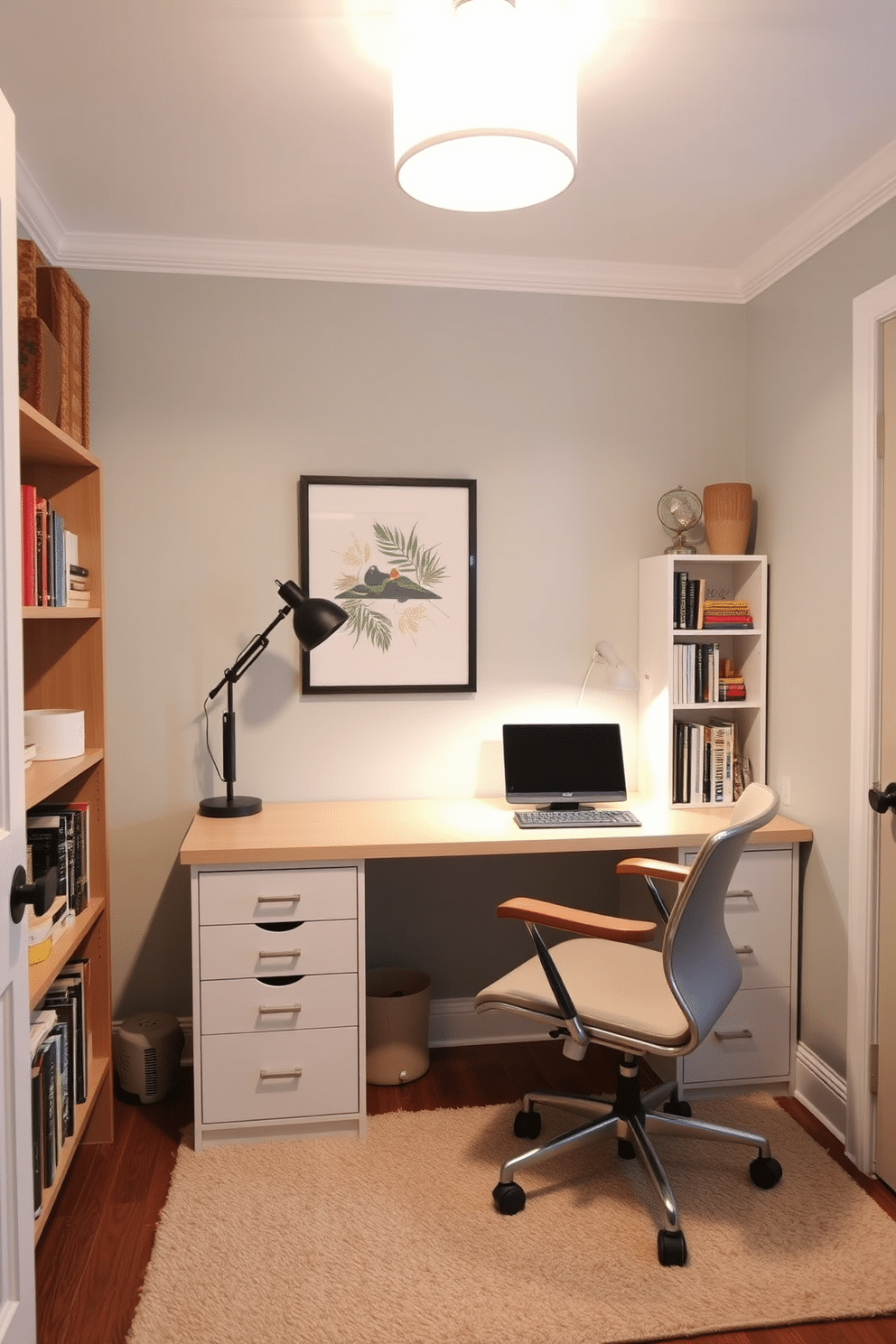 A budget-friendly study room designed for optimal functionality features a compact desk with built-in under-desk storage solutions, including drawers and shelving. The walls are painted in a soft, calming color, and a comfortable chair with ergonomic support complements the workspace. Incorporate a small bookshelf adjacent to the desk, filled with neatly organized books and decorative items. A cozy area rug underfoot adds warmth, while a desk lamp provides focused lighting for late-night study sessions.