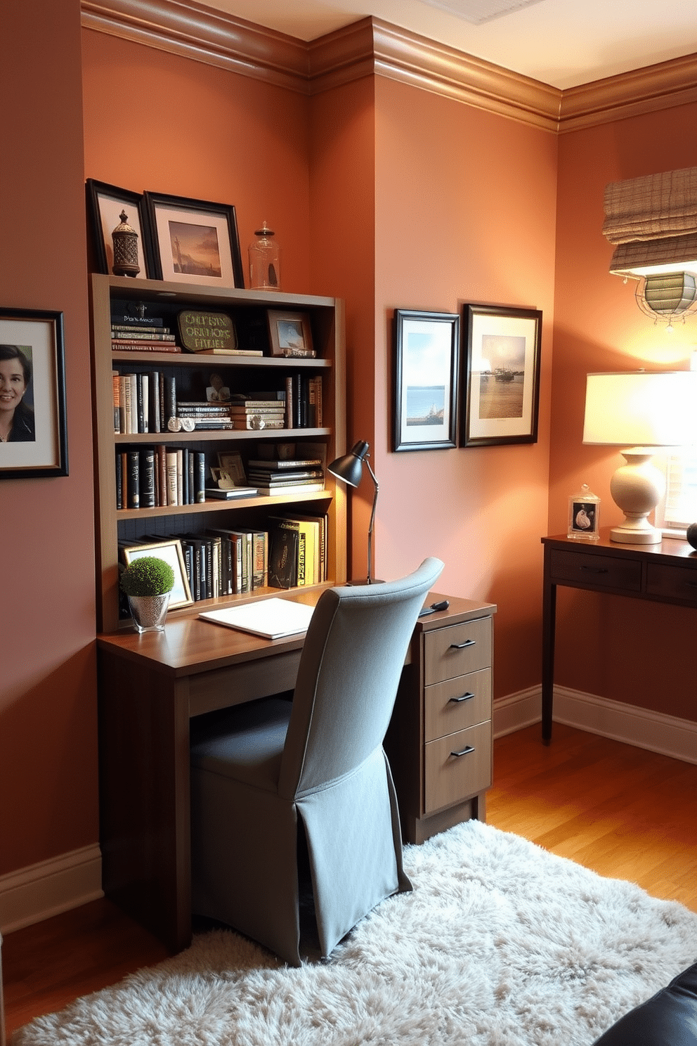 A cozy study room featuring a small bookshelf filled with an array of decorative books and personal mementos. The room is designed with a warm color palette, complemented by a comfortable desk and a stylish chair that invites productivity. The walls are adorned with framed artwork, adding character and inspiration to the space. Soft lighting from a desk lamp creates a welcoming atmosphere, while a plush rug underfoot enhances comfort and style.