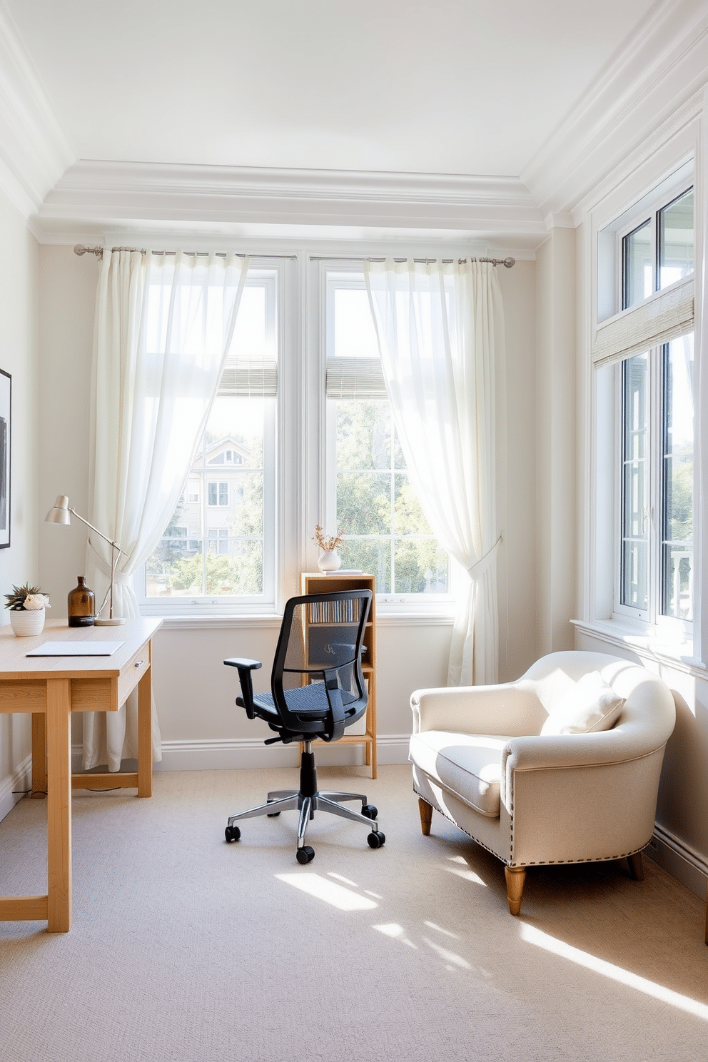 A bright and inviting study room featuring a light color palette that enhances the sense of space. The walls are painted in a soft pastel hue, complemented by a light-colored wooden desk and a comfortable ergonomic chair. Natural light floods the room through large windows adorned with sheer white curtains. A cozy reading nook with a plush armchair and a small bookshelf creates an inviting atmosphere for study and relaxation.