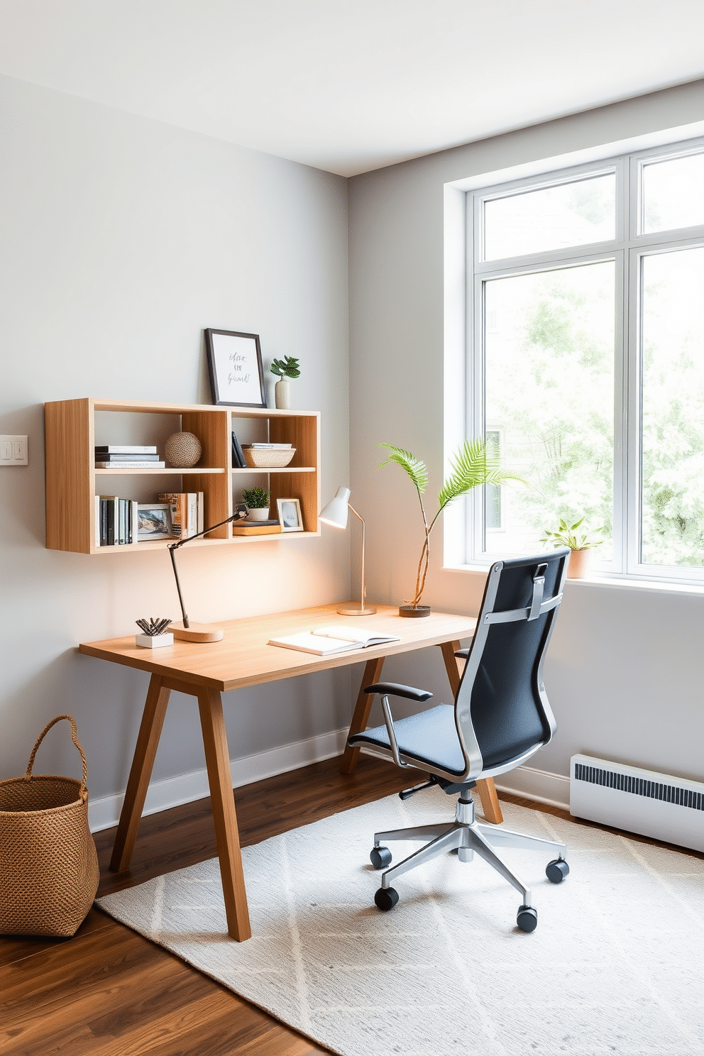 A modern budget study room designed for functionality and comfort. The space features a simple wooden desk paired with a comfortable ergonomic chair, complemented by a sleek desk lamp for focused lighting. The walls are painted in a soft gray, providing a calm backdrop, while a large window allows natural light to flood the room. A small bookshelf filled with essential study materials and decorative items adds a personal touch, and a cozy area rug anchors the space.