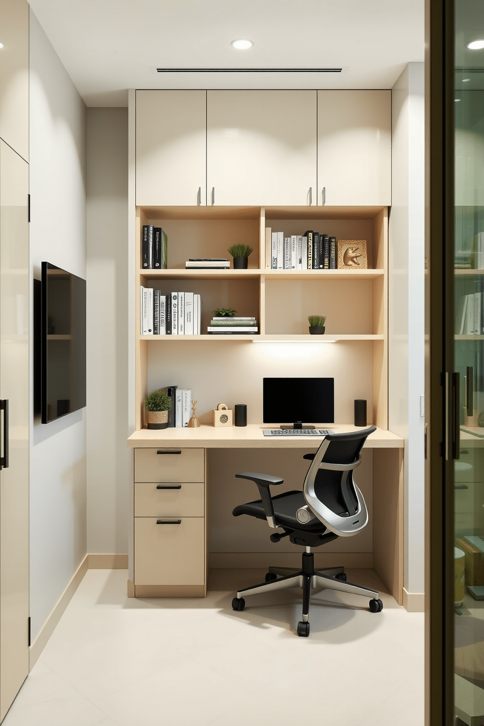 A sleek study room designed for efficiency and comfort. The space features a wall-mounted desk that can be folded away when not in use, paired with an ergonomic chair that complements the minimalist aesthetic. Incorporate a modular shelving unit that serves as both storage and display space for books and personal items. The color palette includes soft neutrals with pops of green, creating an inviting atmosphere conducive to productivity.