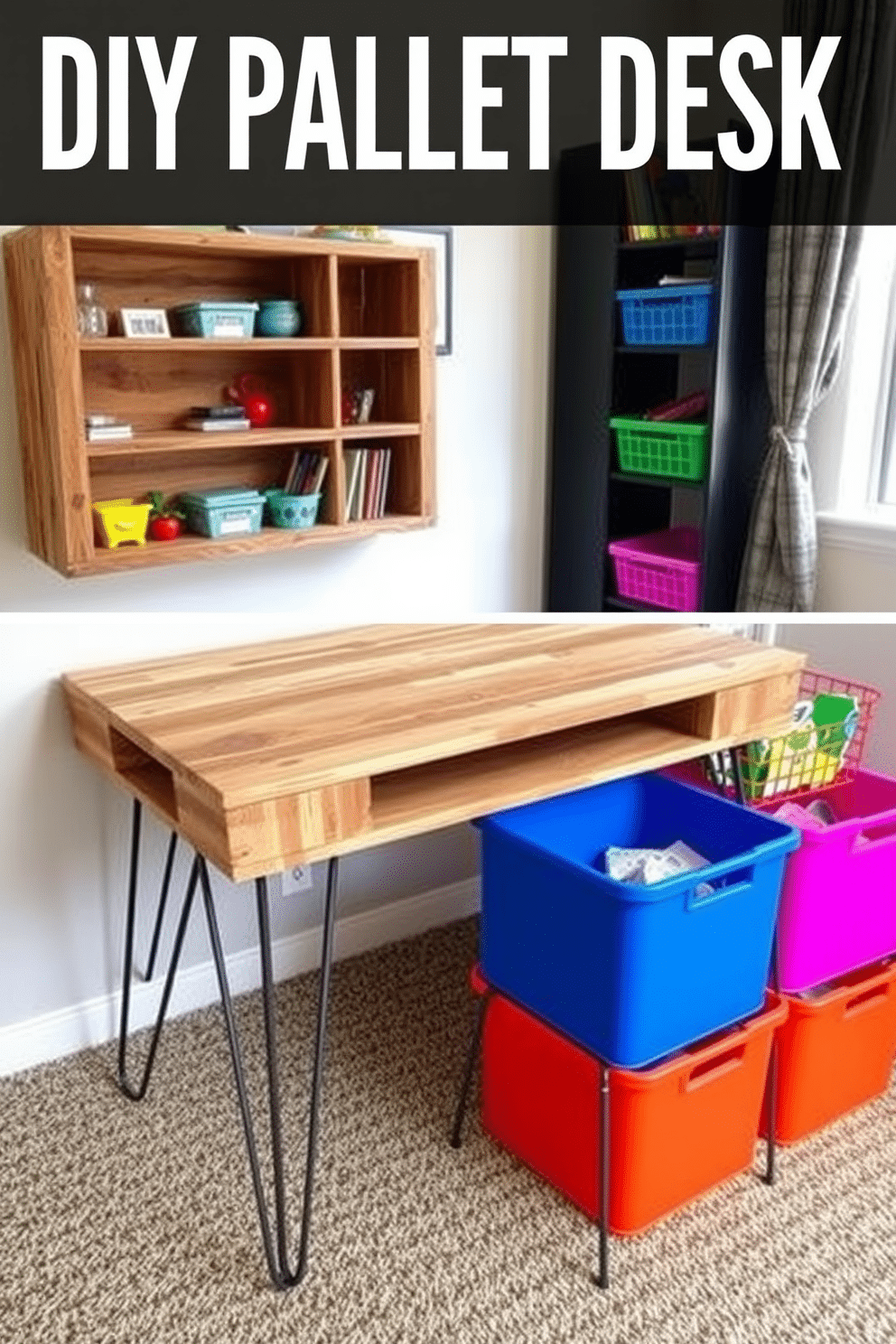 A DIY pallet desk crafted from reclaimed wood showcases a rustic yet modern aesthetic. The desk features a simple design with a smooth surface, complemented by industrial-style metal legs for added stability. Incorporate vibrant accents and functional storage solutions to create a budget-friendly study room. Use a combination of open shelving and colorful bins to organize supplies while maintaining an inviting atmosphere.