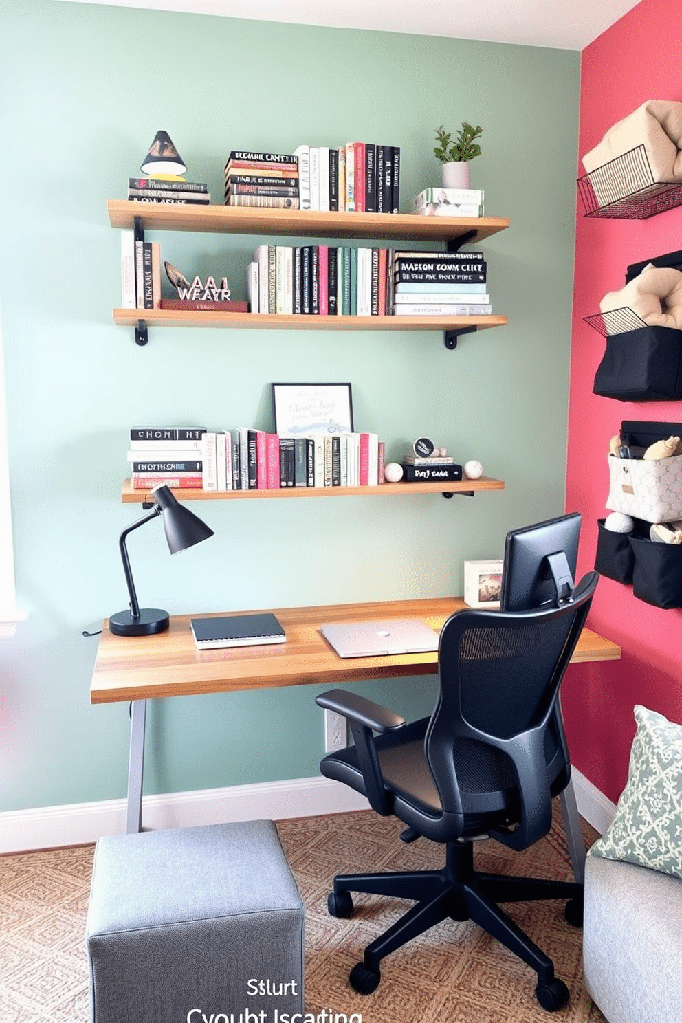 A DIY study wall with paint features a vibrant accent color that energizes the space, complemented by a sleek, minimalist desk made of reclaimed wood. Shelves above the desk hold an assortment of books and decorative items, while a comfortable ergonomic chair invites long hours of study. For budget study room design ideas, consider using multi-functional furniture such as a foldable desk and a storage ottoman that doubles as seating. Soft, ambient lighting from a stylish desk lamp creates a cozy atmosphere, while wall-mounted organizers keep supplies tidy and accessible.