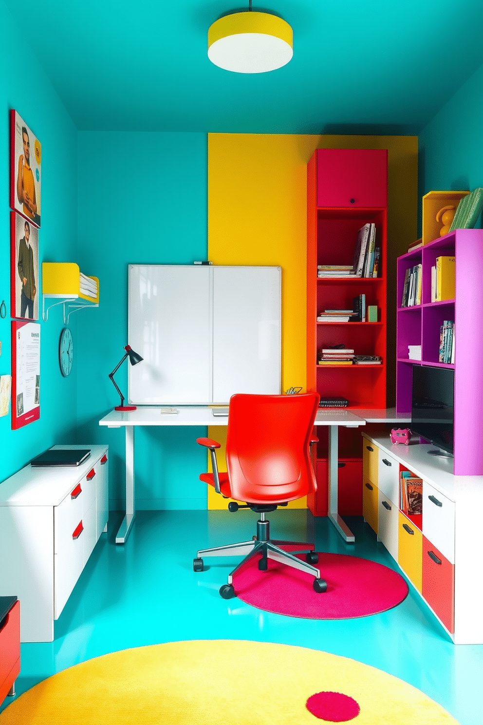 A vibrant study room filled with bright colors. The walls are painted a lively turquoise, complemented by a sunny yellow accent wall featuring a large whiteboard. A sleek, modern desk in a glossy white finish sits in the center, surrounded by a mix of colorful shelving units. A comfortable ergonomic chair in a bold red hue invites productivity, while a playful area rug adds warmth and texture to the space.