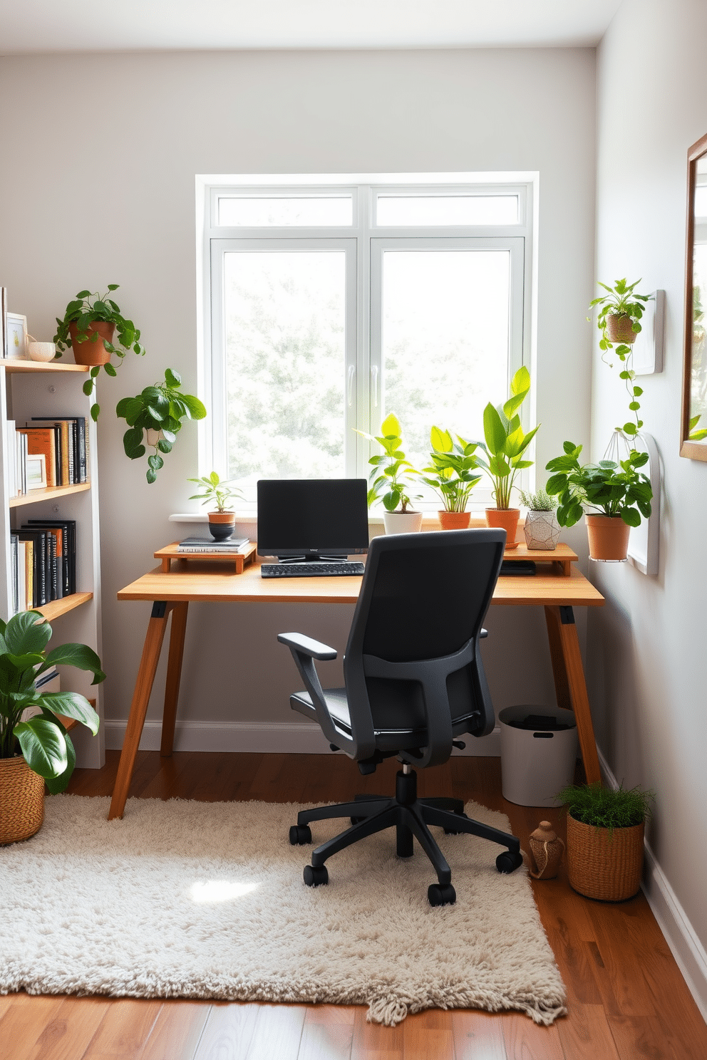 A budget-friendly study room featuring a sleek wooden desk positioned against a bright window, allowing natural light to flood the space. Potted plants are placed on the windowsill and in the corners, enhancing the atmosphere with fresh air and greenery. The walls are painted in a calming light gray, complemented by a cozy, plush area rug in a soft beige. A comfortable ergonomic chair sits at the desk, while shelves lined with books and decorative items add personality and functionality to the room.