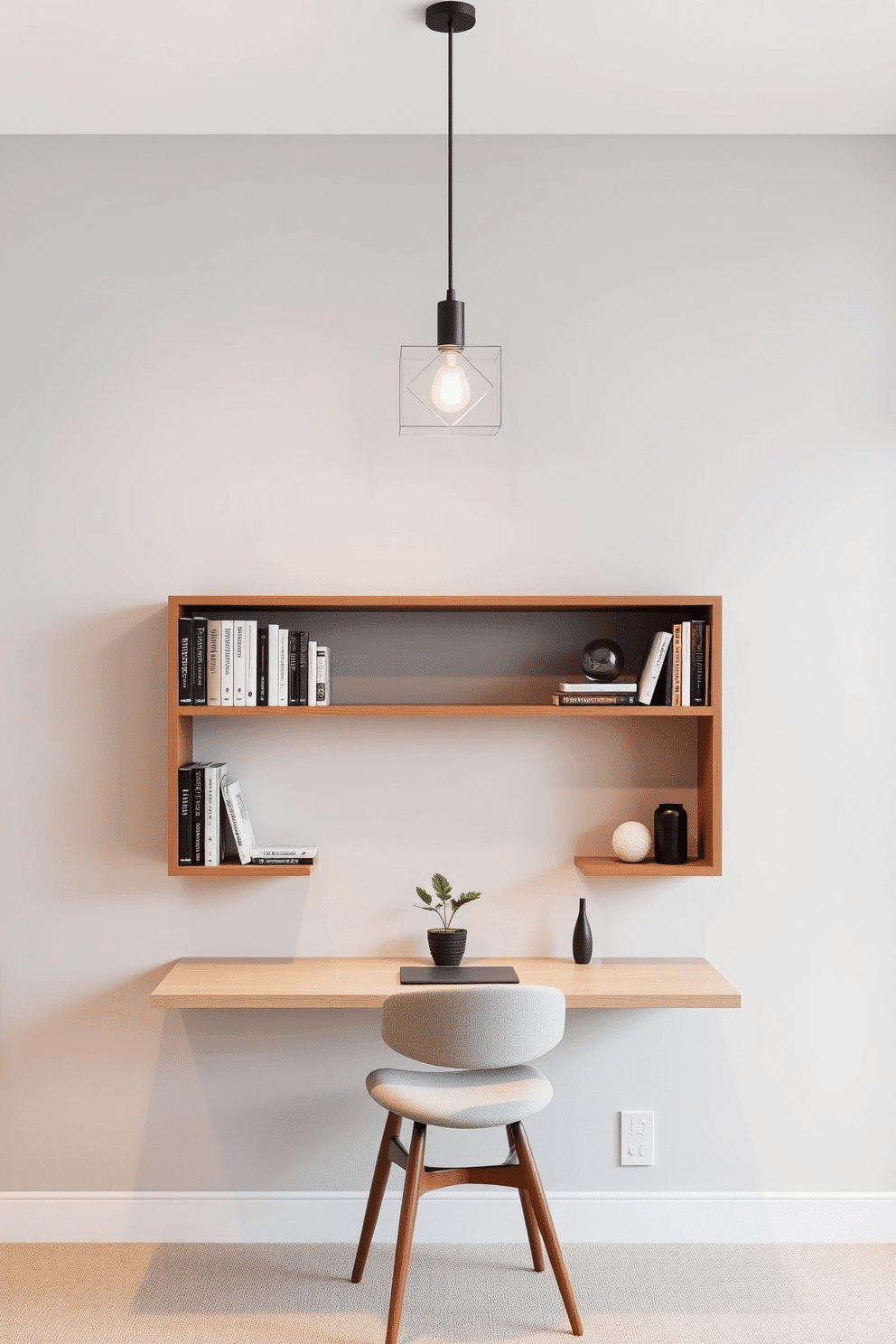 A compact wall-mounted desk is elegantly installed against a light gray wall, featuring sleek lines and a minimalist design. Below the desk, floating shelves display neatly organized books and decorative items, enhancing the room's functionality and aesthetic. The study room is illuminated by a stylish pendant light that adds warmth and character to the space. A cozy chair is positioned at the desk, complemented by a small indoor plant that brings a touch of nature indoors.