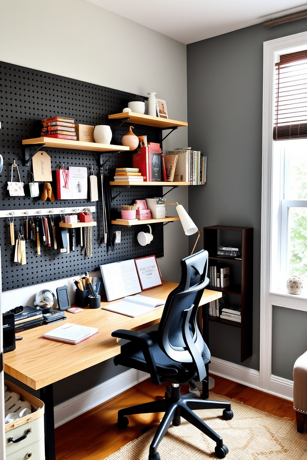 A budget-friendly study room featuring a pegboard wall for organization. The pegboard is adorned with hooks and shelves to hold stationery, books, and decorative items, creating a functional yet stylish workspace. The room has a simple wooden desk paired with a comfortable ergonomic chair. Soft, natural lighting filters in through a nearby window, illuminating a cozy reading nook with a small bookshelf and a plush armchair.