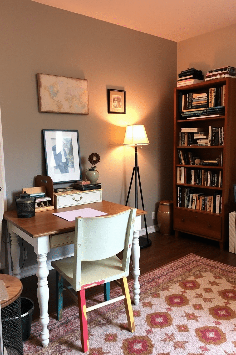 A cozy budget study room featuring a mix of thrifted furniture pieces. A vintage wooden desk with a distressed finish sits against the wall, paired with a colorful, mismatched chair that adds character to the space. On the opposite wall, a tall bookshelf filled with an eclectic collection of books and decorative items showcases personality. Soft, warm lighting from a stylish floor lamp creates an inviting atmosphere, while a patterned area rug ties the room together.