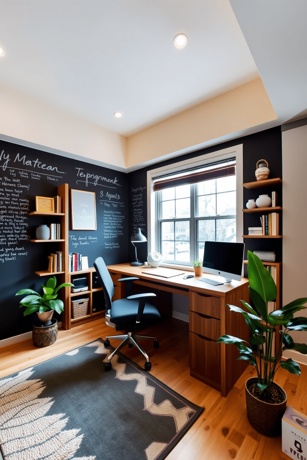 A stylish study room featuring a chalkboard wall for notes, encouraging creativity and organization. The space includes a sleek wooden desk paired with a comfortable ergonomic chair, surrounded by shelves filled with books and decorative items. The walls are painted in a soft, calming color to enhance focus, while a large window allows natural light to flood the room. A cozy area rug adds warmth, and a potted plant in the corner brings a touch of nature indoors.