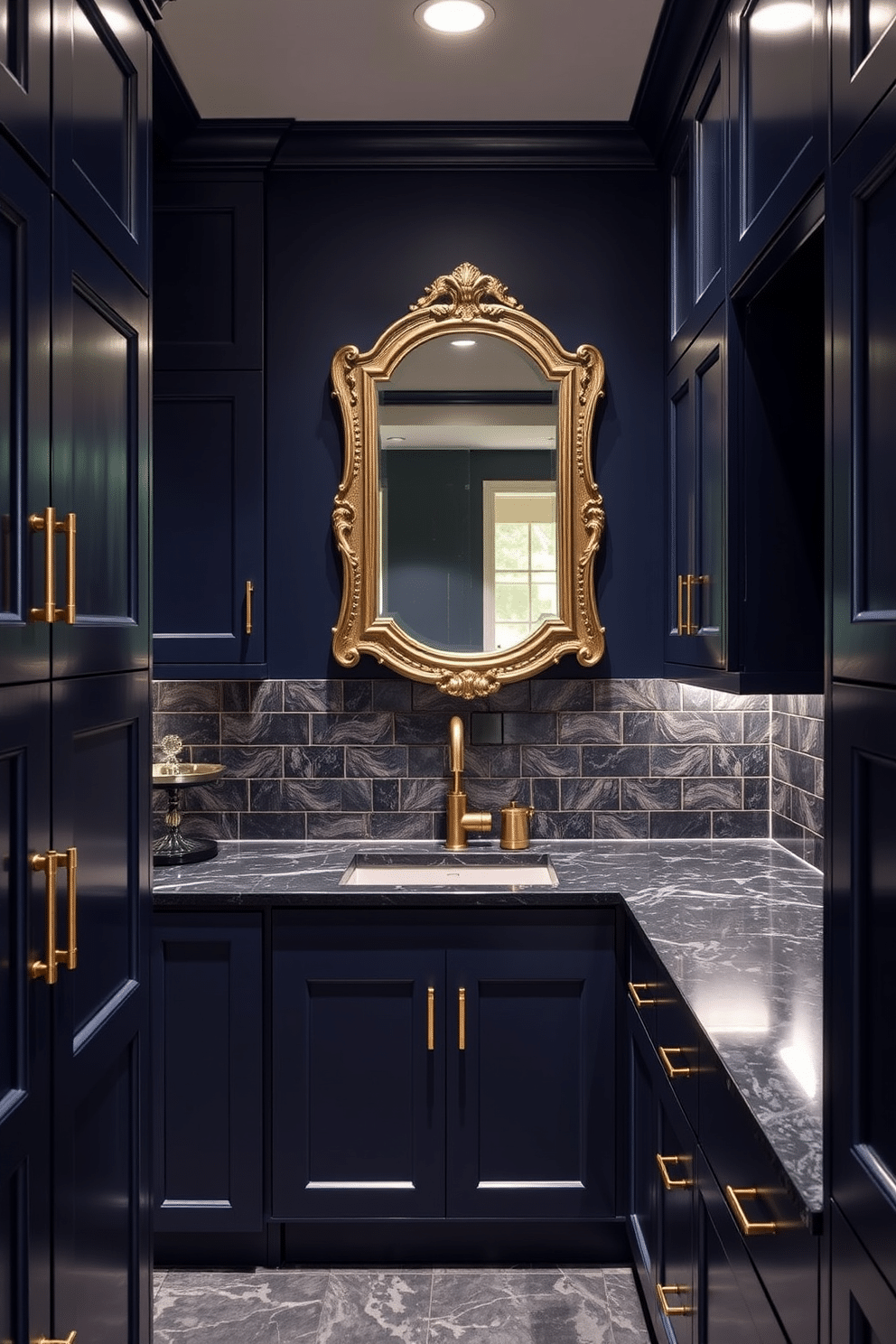 A butler pantry designed with moody colors creates an inviting yet dramatic atmosphere. The cabinetry is a deep navy blue, complemented by brass hardware, and the countertops feature a rich, dark marble with subtle veining. Soft, ambient lighting illuminates the space, highlighting the intricate tile backsplash in shades of charcoal and deep green. A large, vintage-style mirror hangs above a small sink, reflecting the elegance of the room and enhancing its sophisticated charm.