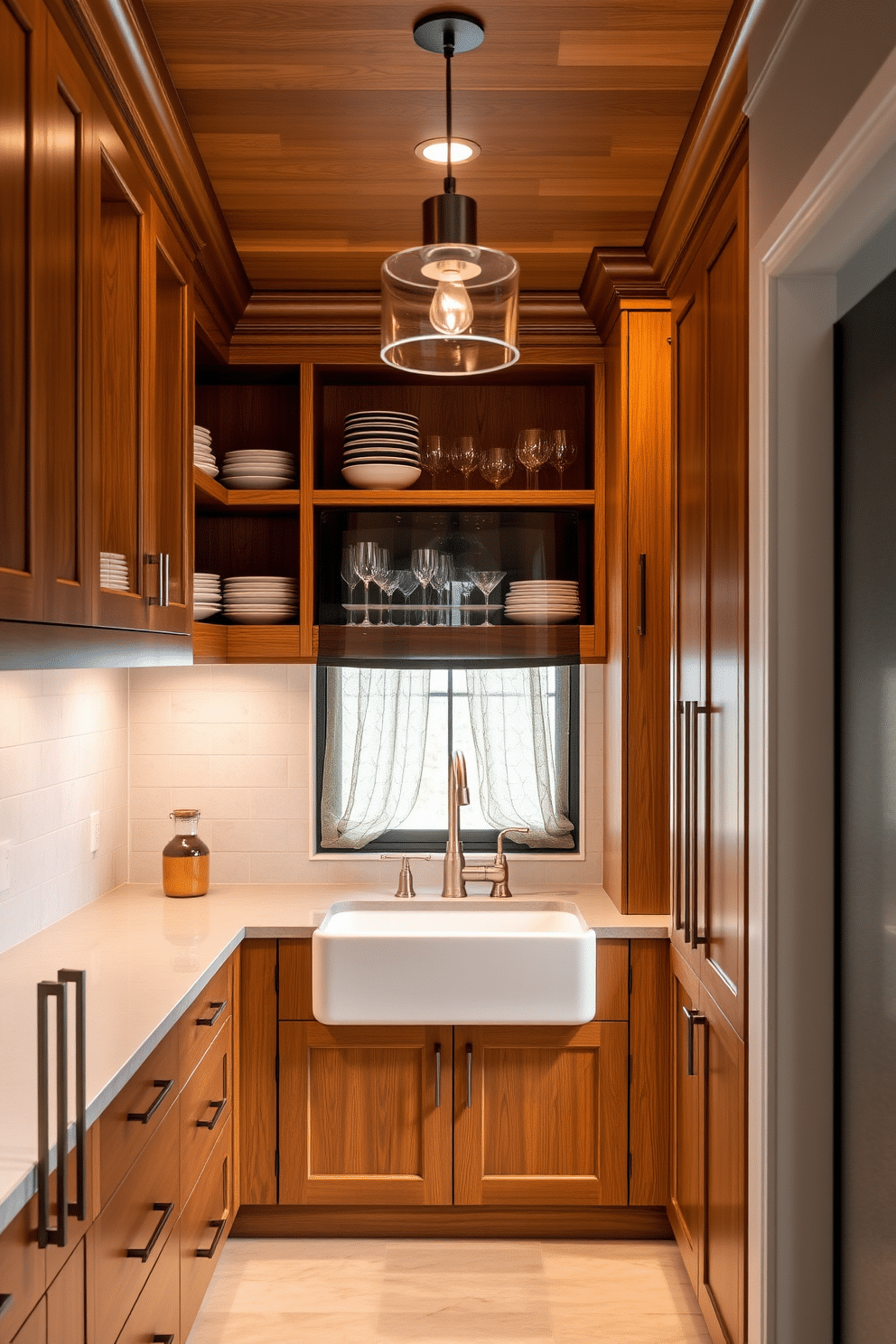 A stylish butler pantry features a blend of rich wooden cabinetry and sleek metal hardware, creating a harmonious balance between warmth and modernity. The countertops are a polished stone, complemented by decorative wooden shelves that display elegant dishware and glassware. The pantry is illuminated by pendant lights with metal accents, casting a warm glow over the space. A farmhouse sink with a brushed nickel faucet sits beneath a window, framed by sheer curtains that allow natural light to filter in softly.