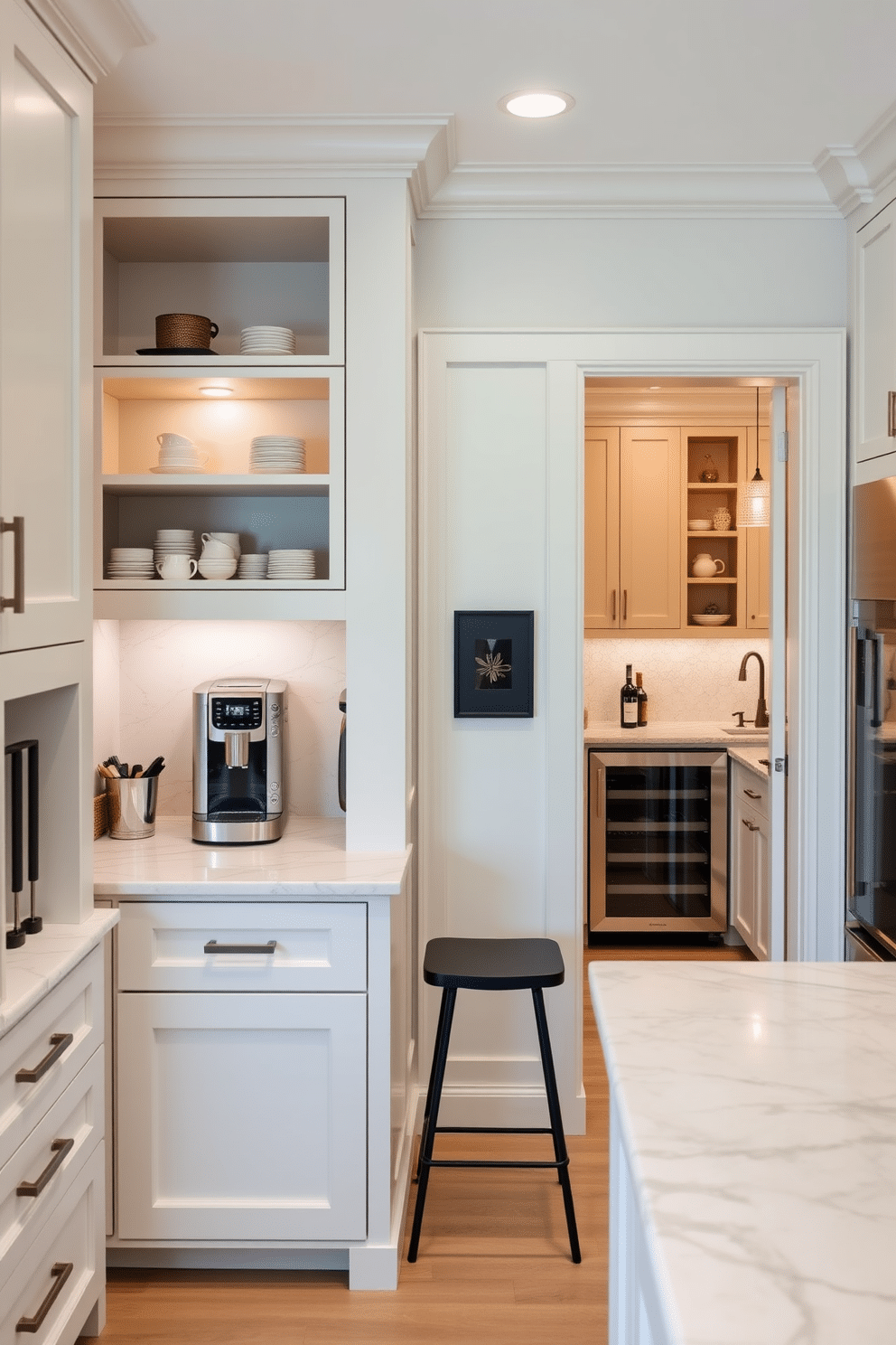 A stylish built-in coffee station featuring a sleek espresso machine, a marble countertop, and custom cabinetry with open shelving for displaying coffee mugs and accessories. The area is accented with warm under-cabinet lighting and a small, cozy seating nook with two modern stools. An elegant butler pantry designed for functionality and style, showcasing ample storage with floor-to-ceiling cabinetry and a spacious island for food preparation. The space includes a wine fridge, a sink, and decorative elements like a stylish backsplash and pendant lighting to enhance the overall aesthetic.