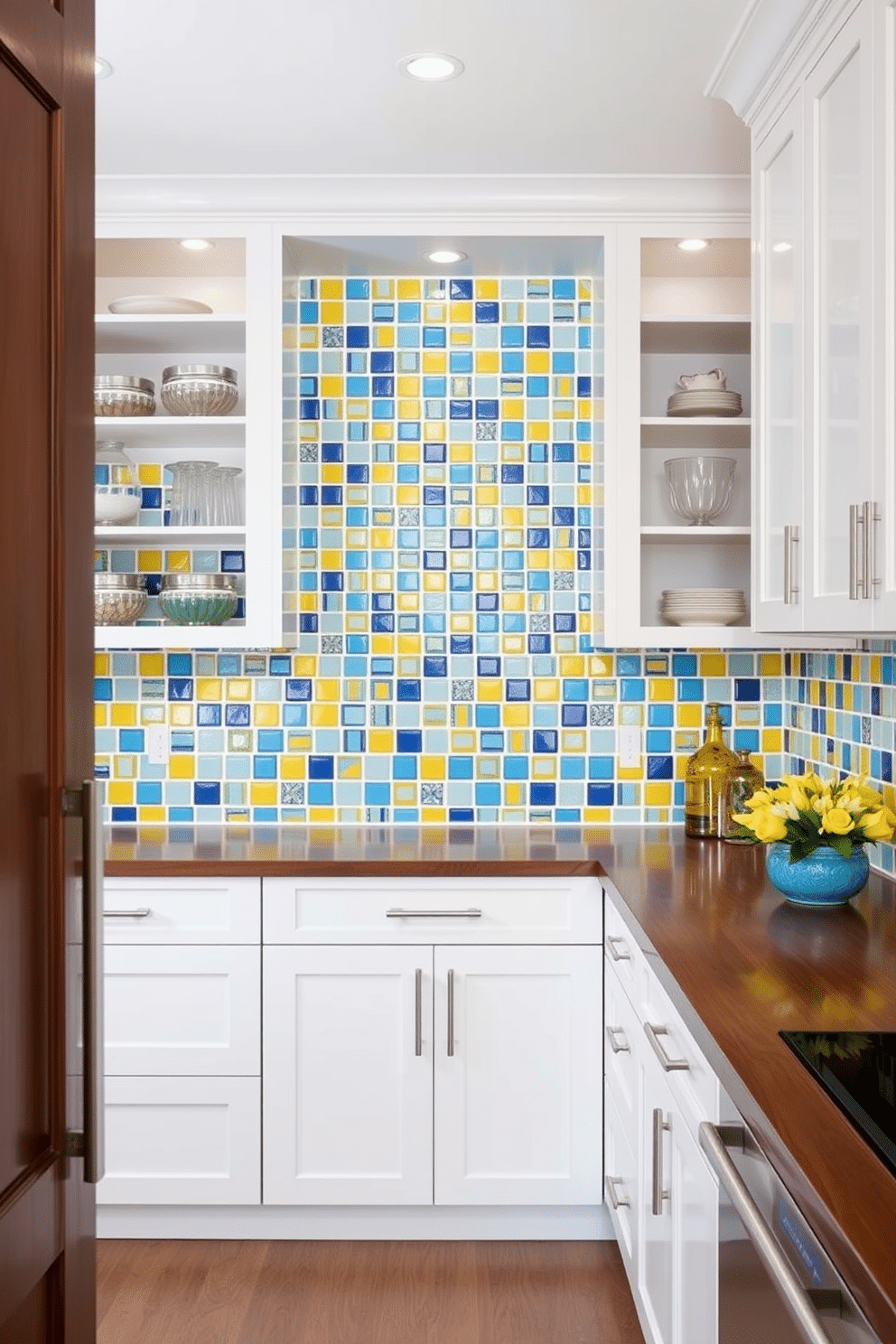 A bright, colorful backsplash featuring vibrant tiles in shades of blue and yellow creates a striking focal point in the butler pantry. The space is complemented by sleek white cabinetry and a polished wooden countertop, providing a harmonious blend of style and functionality. Incorporate open shelving to display decorative dishware and glassware, adding a personal touch to the design. Soft, ambient lighting above the shelves enhances the inviting atmosphere, making it an ideal space for entertaining guests.