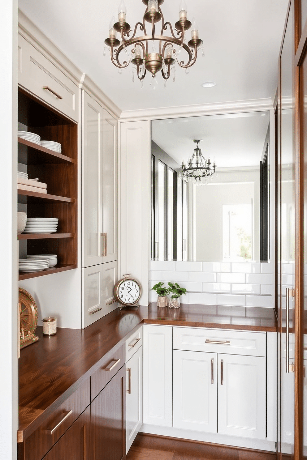 A stylish butler pantry featuring sleek cabinetry with a mix of open shelves and closed storage. The space is illuminated by a statement chandelier, and a large mirror on one wall reflects light, creating an illusion of more space. The countertops are crafted from a rich, dark wood, complemented by a backsplash of white subway tiles. Thoughtfully placed decor items, such as a vintage clock and small potted herbs, add character and warmth to the design.