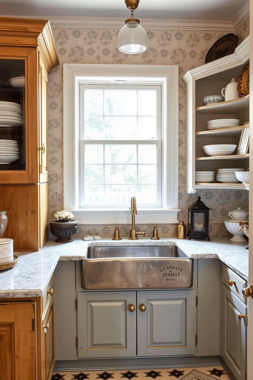 A charming butler pantry adorned with vintage decor, featuring distressed wooden cabinets and open shelving displaying antique dishware. A rustic farmhouse sink sits beneath a window, with brass fixtures adding a touch of elegance, while patterned wallpaper in soft pastel hues enhances the timeless atmosphere.