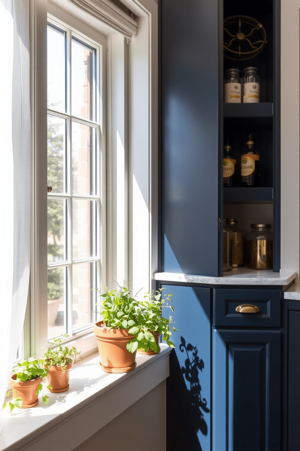 A small herb garden on the windowsill features a variety of fresh herbs in elegant terracotta pots, basking in the sunlight. The window is framed with sheer white curtains, allowing soft natural light to illuminate the vibrant greens of basil, thyme, and rosemary. The butler pantry is designed with custom cabinetry in a rich navy blue, complemented by brass hardware for a touch of elegance. Open shelving displays artisanal jars and a vintage-inspired wine rack, creating a functional yet stylish space for entertaining.