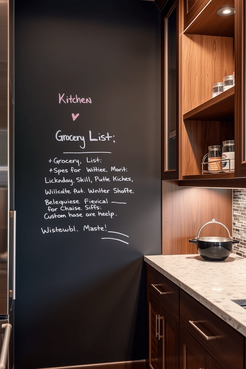 A chalkboard wall serves as a functional and stylish feature for grocery lists, allowing for easy updates and a creative touch to the kitchen. The wall is framed by sleek cabinetry, with colorful chalk accents that add a playful element to the space. The butler pantry is designed with a seamless blend of functionality and elegance, featuring custom shelving and a spacious countertop for meal prep. Soft lighting highlights the rich wood finishes and complements the chic backsplash, creating an inviting atmosphere for entertaining.