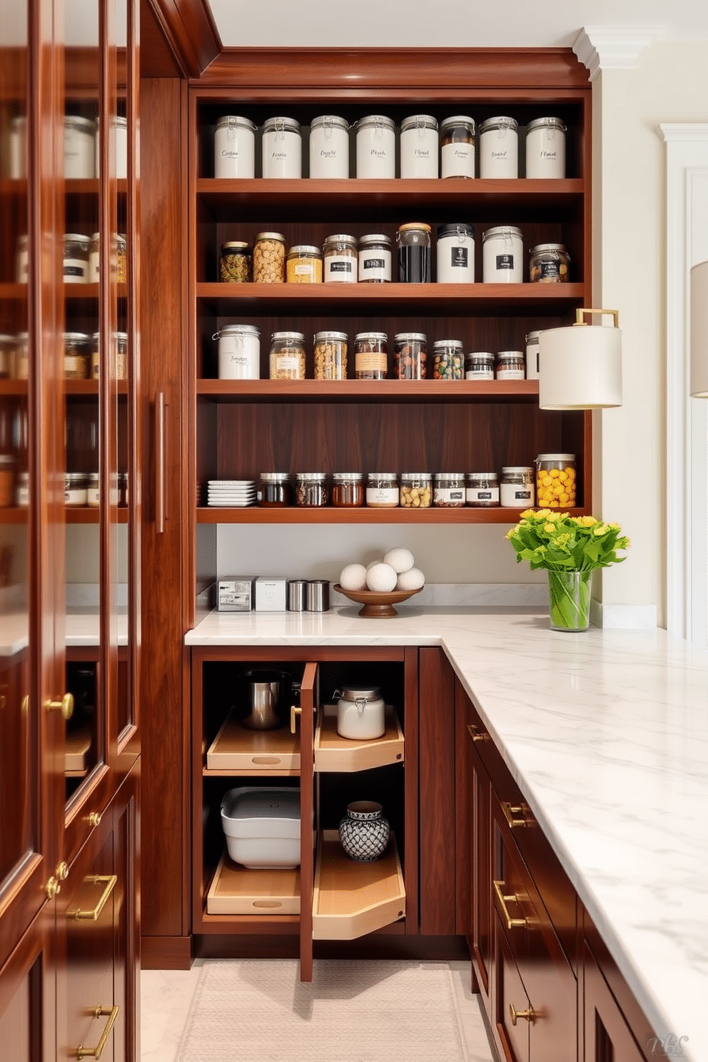 A stylish butler pantry featuring pull-out shelves for optimal organization. The shelves are crafted from rich wood and are lined with neatly arranged jars and containers, creating a functional yet visually appealing space. The walls are painted in a soft cream color, complemented by elegant brass hardware on the cabinets. A marble countertop extends across the room, providing ample space for meal prep and entertaining.