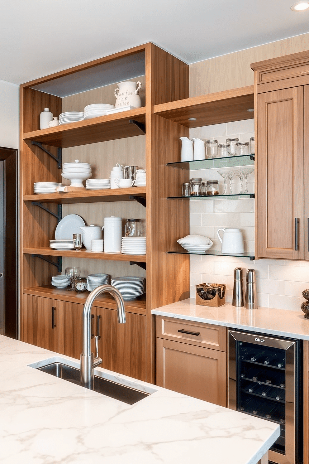 Open shelving design features a combination of natural wood and sleek metal brackets, allowing for easy access to kitchen essentials. The shelves are adorned with neatly arranged dishes, glassware, and decorative jars, creating a functional yet stylish display. The butler pantry is elegantly designed with a spacious layout, showcasing custom cabinetry and a marble countertop for food prep. Ambient lighting highlights the open shelving, while a small sink and wine cooler add to the pantry's practicality and charm.