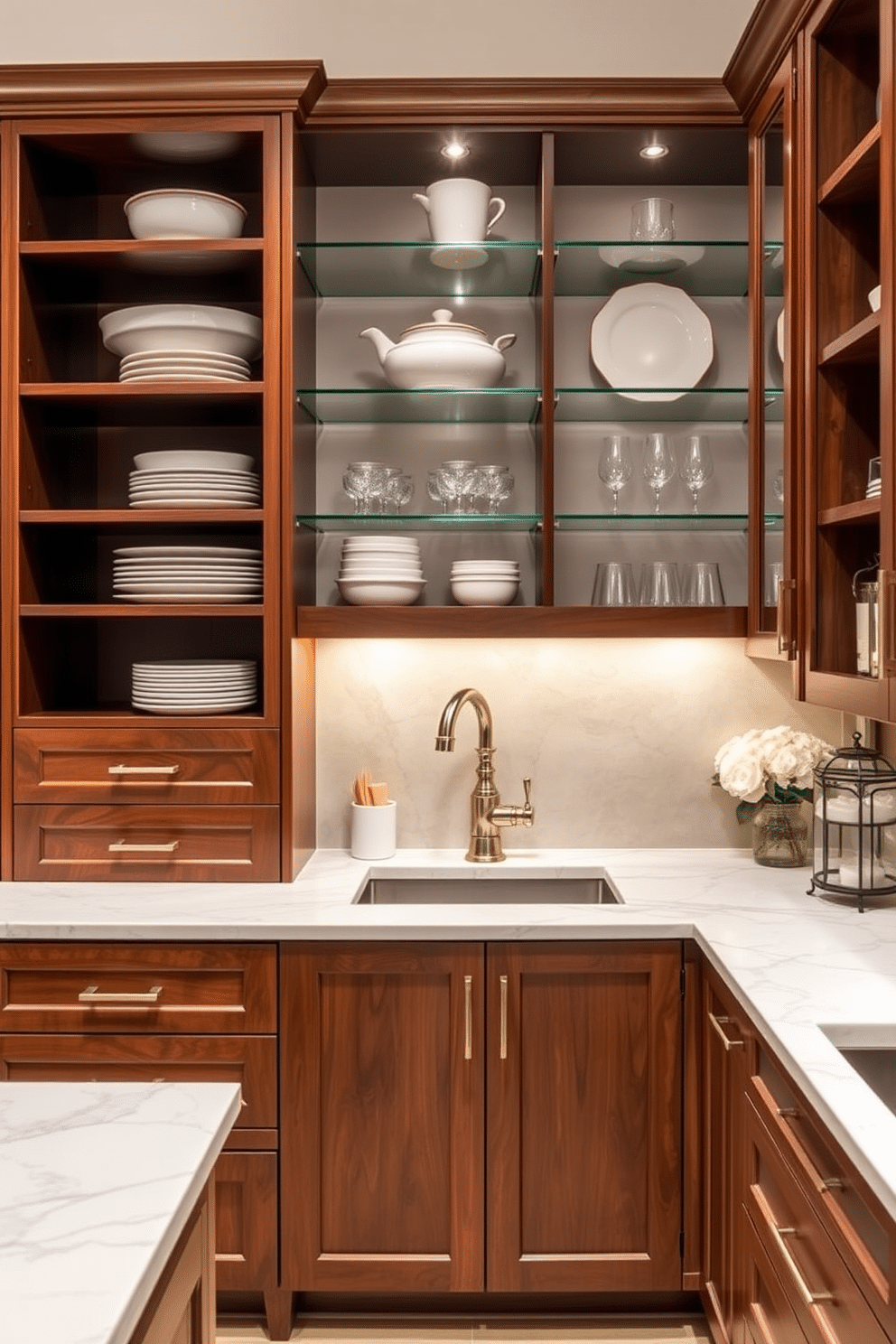 A stylish butler pantry featuring customized cabinetry that maximizes storage while maintaining an elegant aesthetic. The cabinetry includes deep drawers for pots and pans, along with open shelving for displaying fine china and glassware, all finished in a rich walnut stain. The design incorporates a marble countertop that complements the cabinetry, providing ample space for meal prep and serving. Soft, ambient lighting illuminates the space, highlighting decorative elements such as a vintage-style faucet and a chic backsplash.