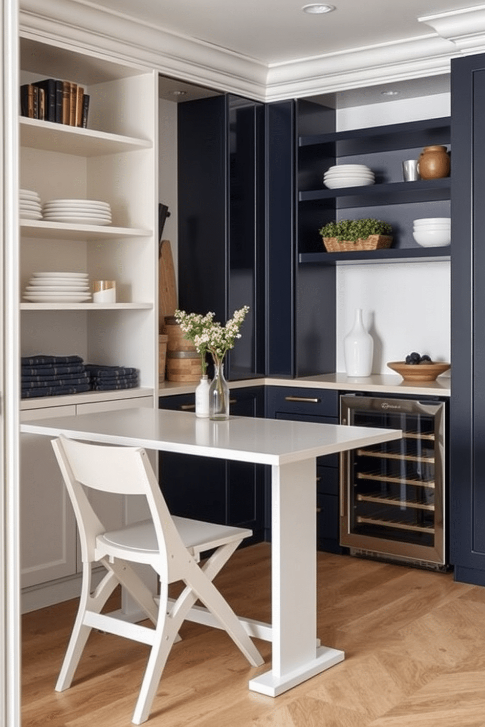 A stylish butler pantry featuring multi-functional furniture that maximizes space efficiency. The design includes a sleek, foldable table that can be expanded for dining or meal prep, paired with stackable chairs that can be easily stored when not in use. Incorporate open shelving for easy access to kitchen essentials and decorative items, while a compact wine cooler adds a touch of luxury. The color palette consists of soft neutrals with accents of deep navy, creating a sophisticated yet inviting atmosphere.