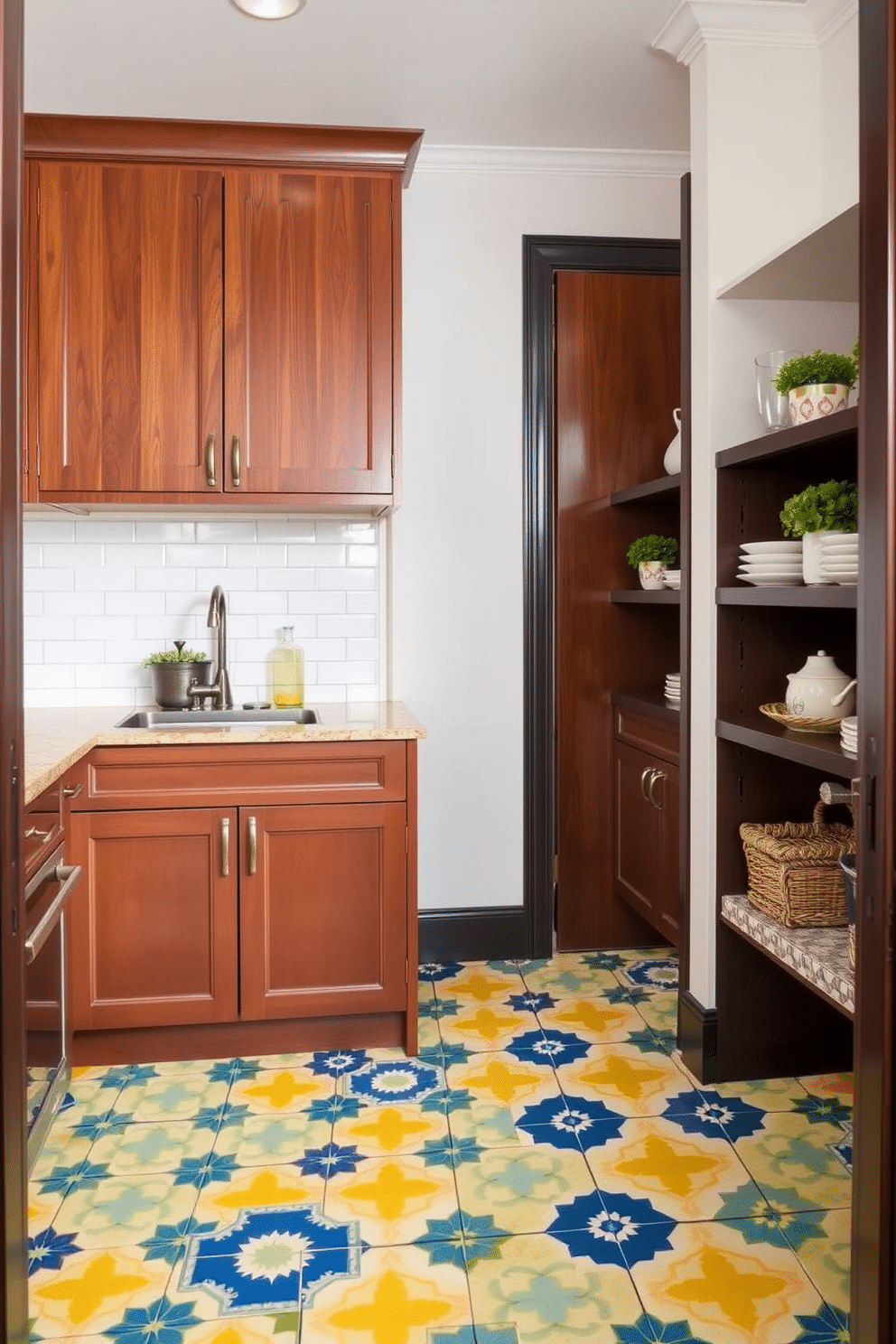 A vibrant butler pantry showcases colorful tile flooring that adds a playful touch to the space. The tiles feature a mix of geometric patterns in shades of blue, yellow, and green, creating a lively atmosphere. Above the tile flooring, custom cabinetry in a rich wood finish provides ample storage for kitchen essentials. A stylish countertop in a complementary hue offers a perfect workspace, while decorative shelving displays elegant dishware and plants.