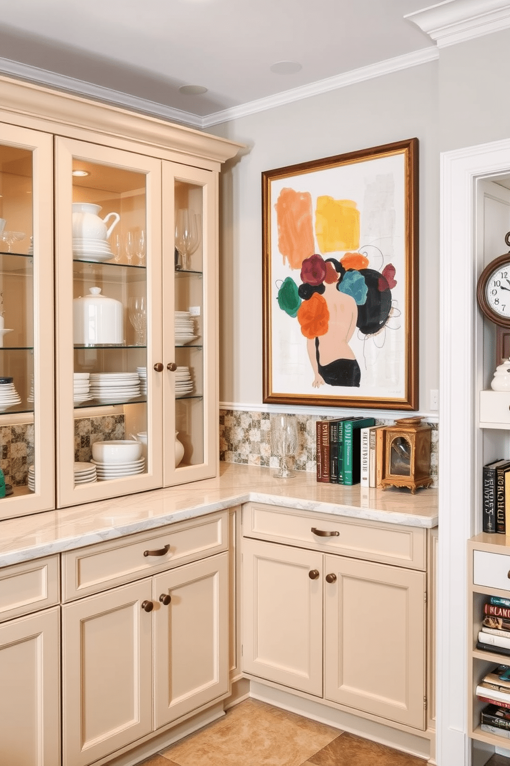 A curated butler pantry featuring elegant cabinetry with glass-front doors, showcasing fine china and glassware. The countertop is a polished quartz with a subtle veining pattern, complemented by a stylish backsplash of hand-painted tiles. Artwork adorns the walls, including a large, framed abstract piece that adds a pop of color and personality to the space. Additional decorative elements, such as a vintage clock and a collection of cookbooks, enhance the inviting atmosphere of the pantry.