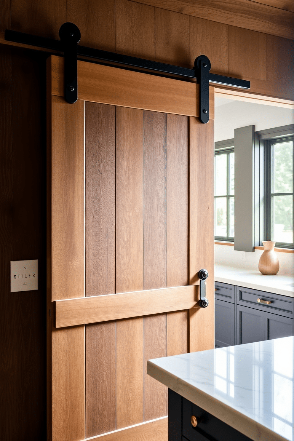 A rustic entrance features a sliding barn door made of reclaimed wood, adorned with black metal hardware for a charming farmhouse touch. The door opens into a warm, inviting space with natural light streaming in through large windows. The butler pantry is designed with elegant cabinetry in a deep navy blue, complemented by brass hardware that adds a touch of sophistication. Open shelving displays artisanal glassware, while a marble countertop provides ample space for food preparation and entertaining.