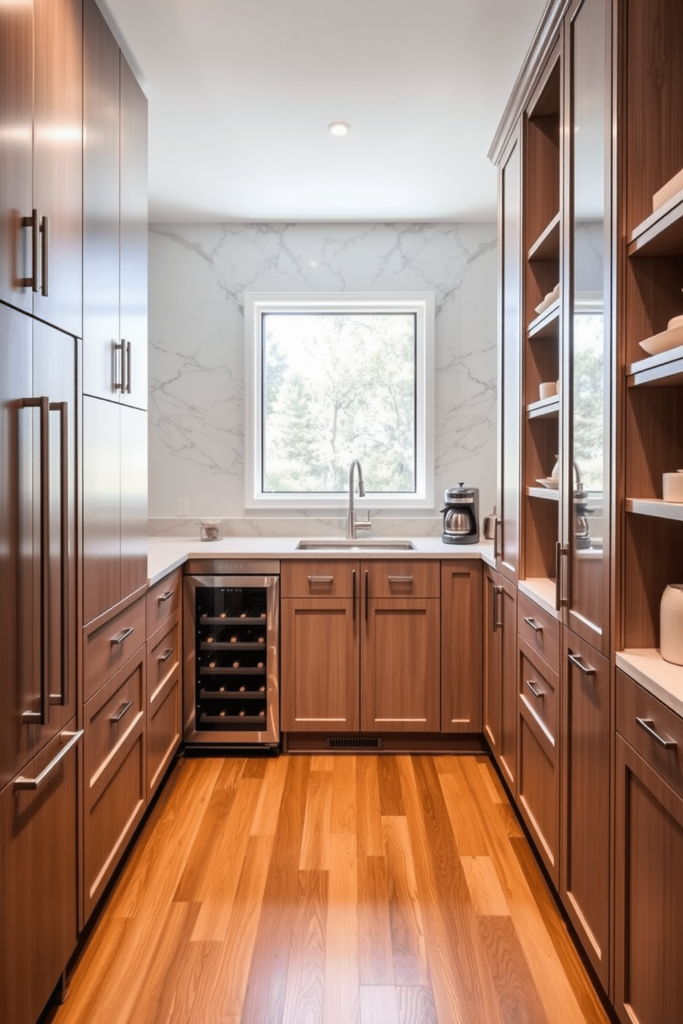 A modern butler pantry featuring sleek cabinetry with integrated smart technology for optimal efficiency. The space includes a built-in wine cooler, smart lighting, and a touchless faucet, all complemented by a stylish marble backsplash and polished hardwood flooring. The pantry is designed with ample storage solutions, including pull-out shelves and a hidden coffee station. A large window allows natural light to illuminate the area, enhancing its functionality and aesthetic appeal.