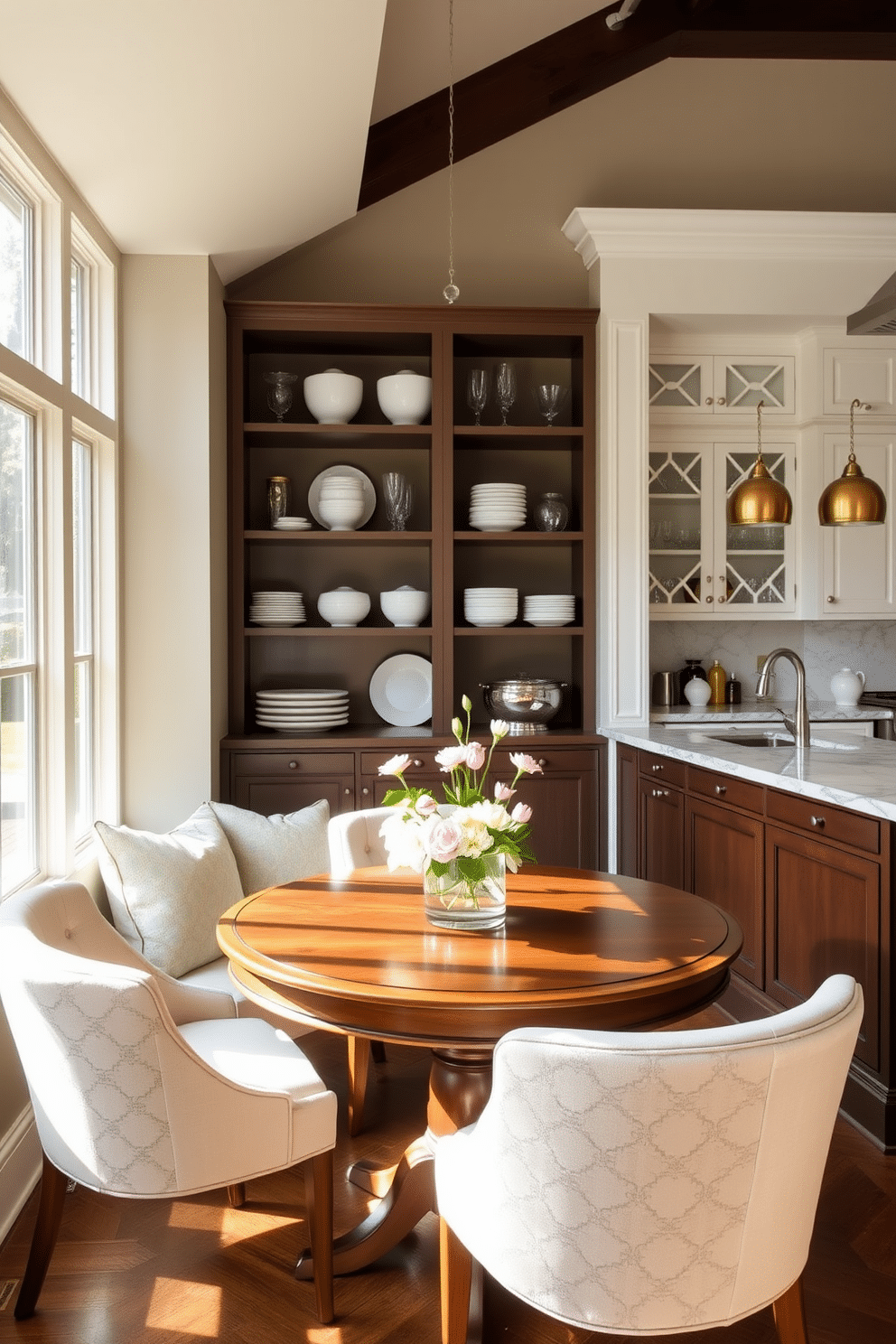 A cozy seating area for casual dining features a round wooden table surrounded by upholstered chairs in soft pastel colors. Natural light floods the space through large windows, highlighting a centerpiece of fresh flowers on the table. The butler pantry showcases an elegant design with open shelving displaying fine china and glassware. A marble countertop provides ample workspace, complemented by stylish pendant lighting that adds warmth to the area.