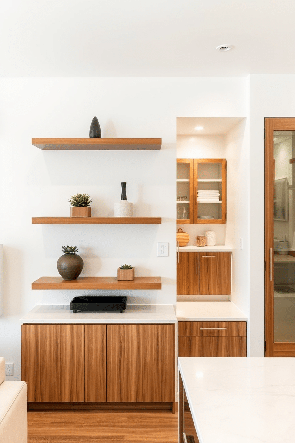 A serene minimalist living space features sleek floating shelves made of natural wood, adorned with carefully curated decor items such as succulents and minimalist sculptures. The walls are painted in a soft white hue, enhancing the open and airy atmosphere of the room. The butler pantry showcases elegant cabinetry with a blend of glass and wooden doors, providing a sophisticated storage solution for kitchen essentials. A stylish countertop made of quartz complements the space, while recessed lighting highlights the pantry's organized layout.