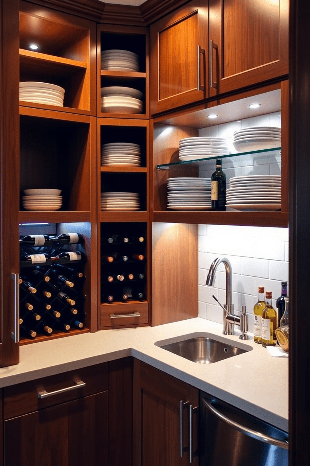 A stylish butler pantry with creative use of corner space. The design features open shelving for easy access to dishware, complemented by a sleek countertop for food preparation. In the corner, a built-in wine rack adds elegance and functionality, while a small sink is conveniently placed for quick clean-ups. Soft under-cabinet lighting illuminates the space, enhancing the warm wood tones and inviting ambiance.