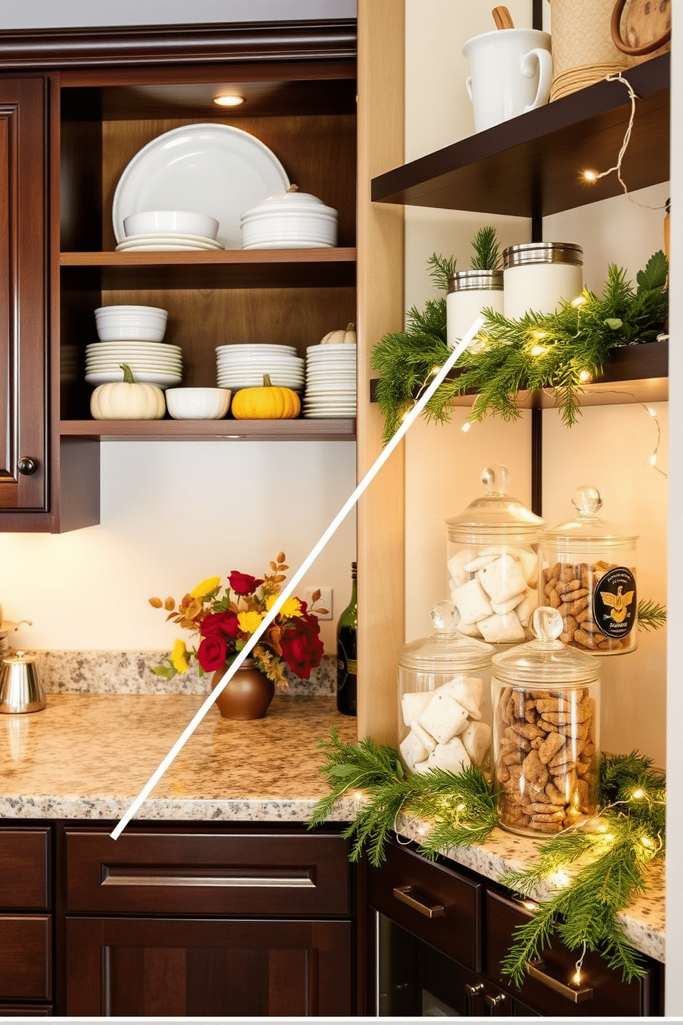 A cozy butler pantry adorned with seasonal decor, featuring a wooden shelving unit filled with autumn-themed dishware and decorative pumpkins. Soft, warm lighting highlights the rich, dark cabinetry, while a small arrangement of seasonal flowers sits on the countertop, adding a touch of freshness. For a winter-themed refresh, the pantry showcases elegant glass jars filled with holiday treats, surrounded by sprigs of evergreen and twinkling fairy lights. The walls are painted a soft cream, creating a bright and inviting atmosphere that complements the festive decor.