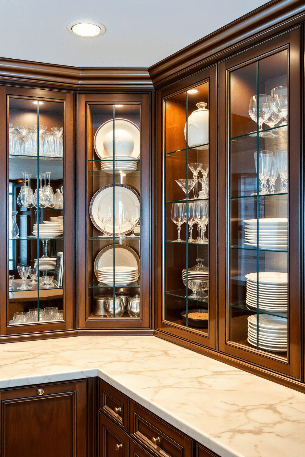 A butler pantry featuring elegant glass-front cabinets showcases fine china and glassware, allowing for easy access and display. The cabinetry is complemented by a polished marble countertop, with under-cabinet lighting highlighting the beautiful items within.