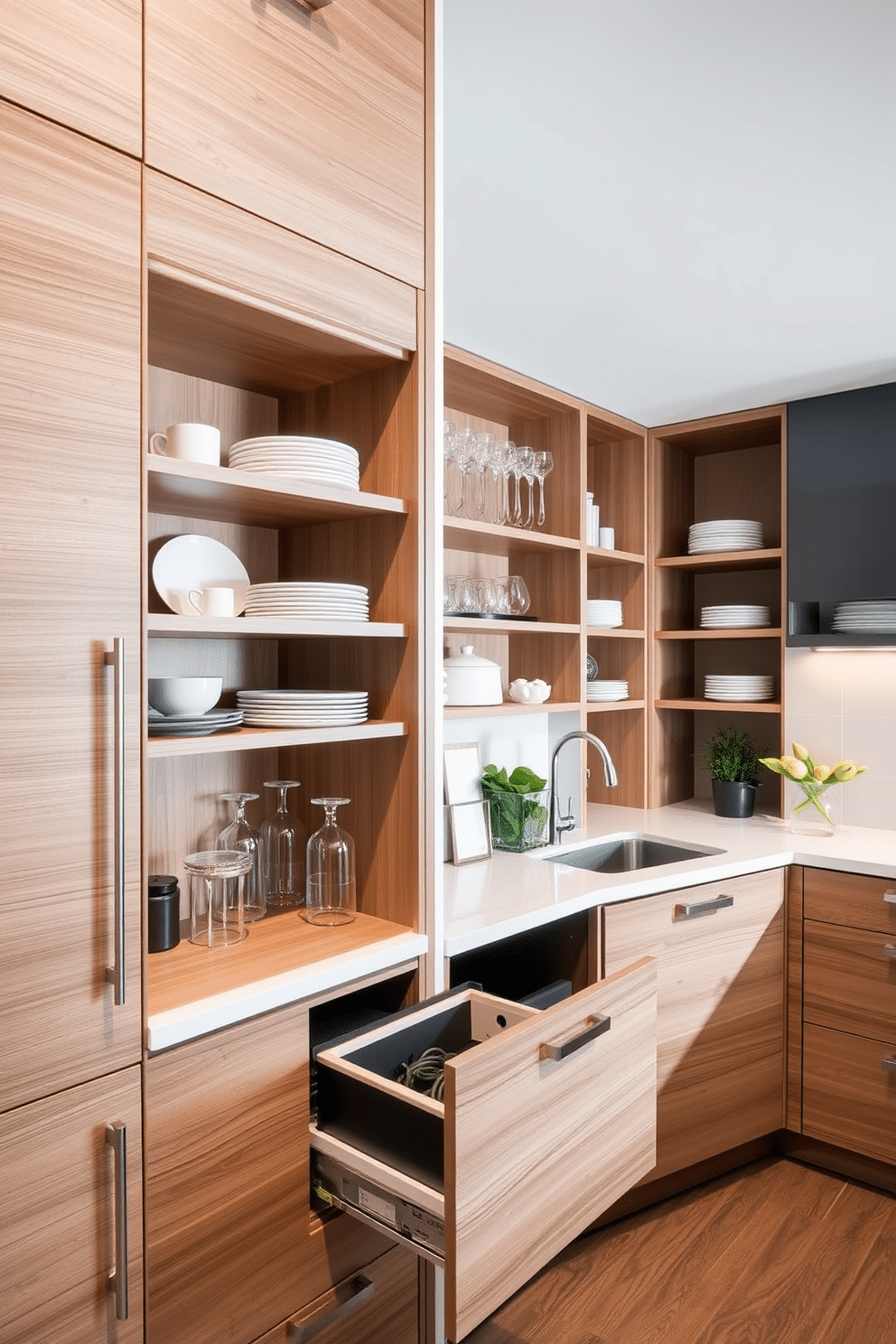 A sleek integrated recycling station designed for eco-friendliness, featuring a pull-out compartment for separating plastics, paper, and organic waste. The cabinetry is made from sustainable materials, with a natural wood finish that harmonizes with the kitchen decor. A stylish butler pantry that maximizes functionality, showcasing open shelving for easy access to dishware and glassware. The design includes a small sink and a countertop made of quartz, providing ample space for food preparation and serving.