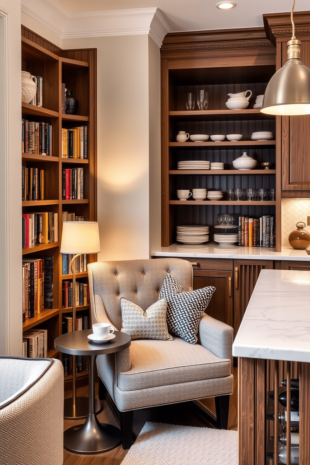 A cozy reading nook in the corner. It features a plush armchair upholstered in soft, textured fabric, positioned next to a small, round side table holding a steaming cup of tea. A tall bookshelf filled with an array of colorful books lines the adjacent wall, while a warm floor lamp casts a gentle glow over the space. Soft, patterned cushions are scattered on the armchair, inviting relaxation and comfort. Butler pantry design ideas. The pantry showcases elegant cabinetry in a rich wood finish, complemented by a sleek marble countertop that provides ample space for food preparation. Open shelving displays neatly arranged dishes and glassware, while a stylish pendant light hangs above, illuminating the area. A small wine cooler is integrated into the design, adding a touch of sophistication and functionality.