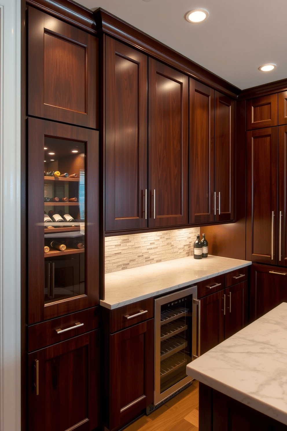 A stylish butler pantry featuring an integrated wine cooler seamlessly blends functionality with elegance. The cabinetry is finished in a rich, dark wood, complemented by brushed nickel hardware and a sleek countertop that provides ample workspace. On one side, a dedicated wine cooler is built into the cabinetry, showcasing a selection of fine wines behind glass doors. The pantry is illuminated by warm, recessed lighting, enhancing the inviting atmosphere while a decorative backsplash adds a touch of sophistication.