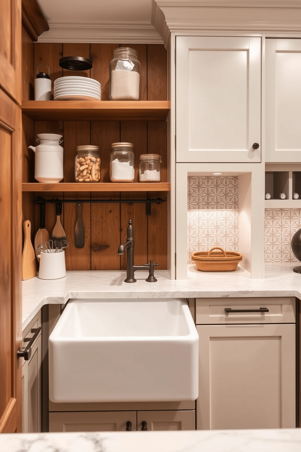 A charming farmhouse sink is the centerpiece of this rustic kitchen, crafted from white porcelain with a deep basin that invites functionality and warmth. Surrounding the sink, reclaimed wood cabinetry adds character, while open shelving displays vintage dishware and mason jars filled with pantry staples. The butler pantry features a seamless blend of practicality and elegance, with sleek cabinetry offering ample storage and a marble countertop providing a sophisticated work area. Soft, ambient lighting illuminates the space, highlighting the intricate tile backsplash that adds texture and visual interest.